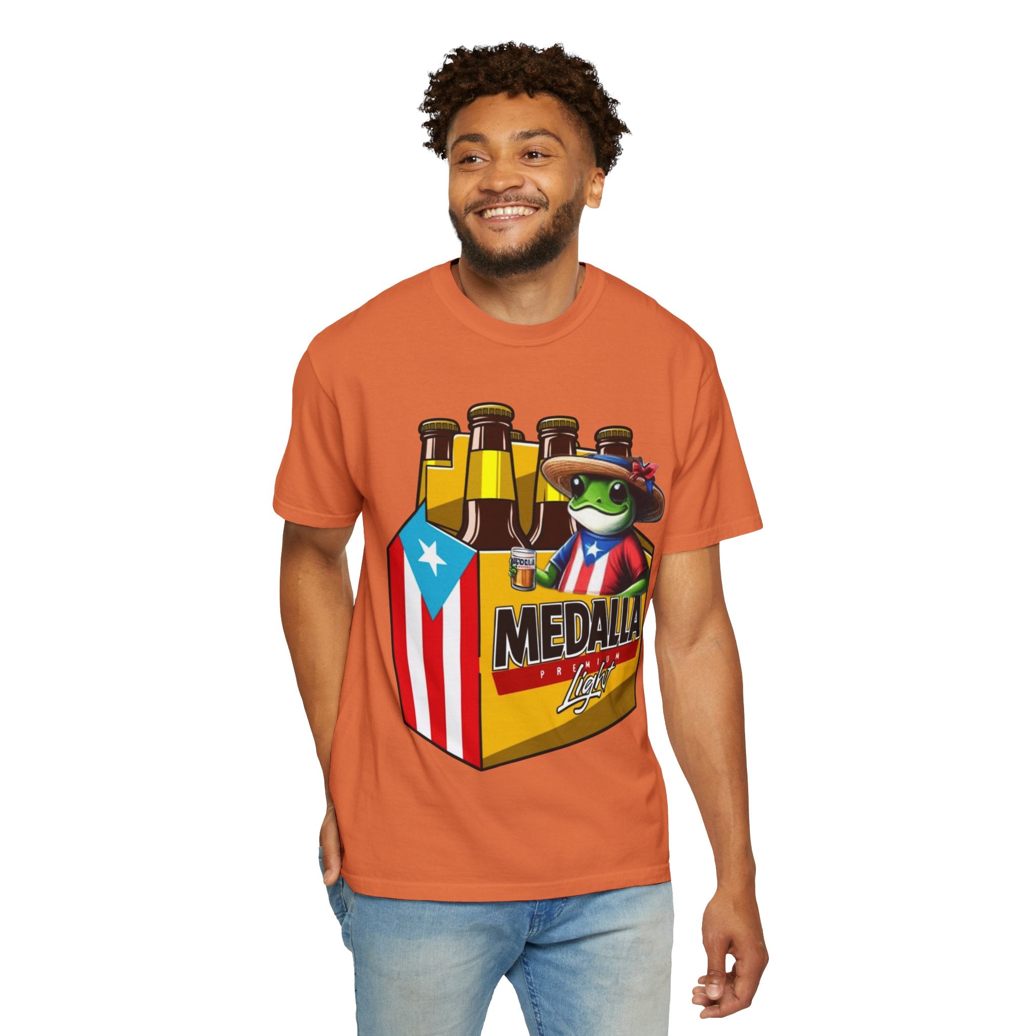 Medalla Light Puerto Rican Beer T-Shirt Coqui Frog Mascot Six-Pack Graphic Tee Puerto Rico’s Navidades