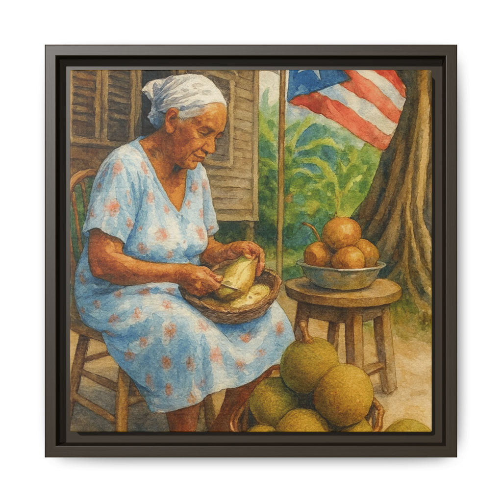 Cultural & Story-Driven These Puerto Rico inspired  Framed Matte Canvas Print  Woman Shelling Fruit Vintage Tropical Painting