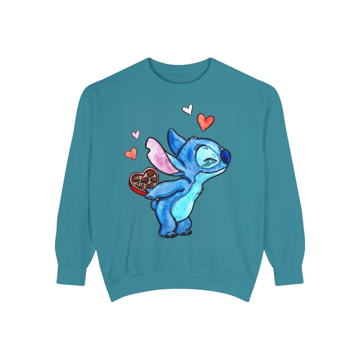 Stitch Valentine Sweatshirt — Cute Blue Alien with Hearts & Chocolate Pocket