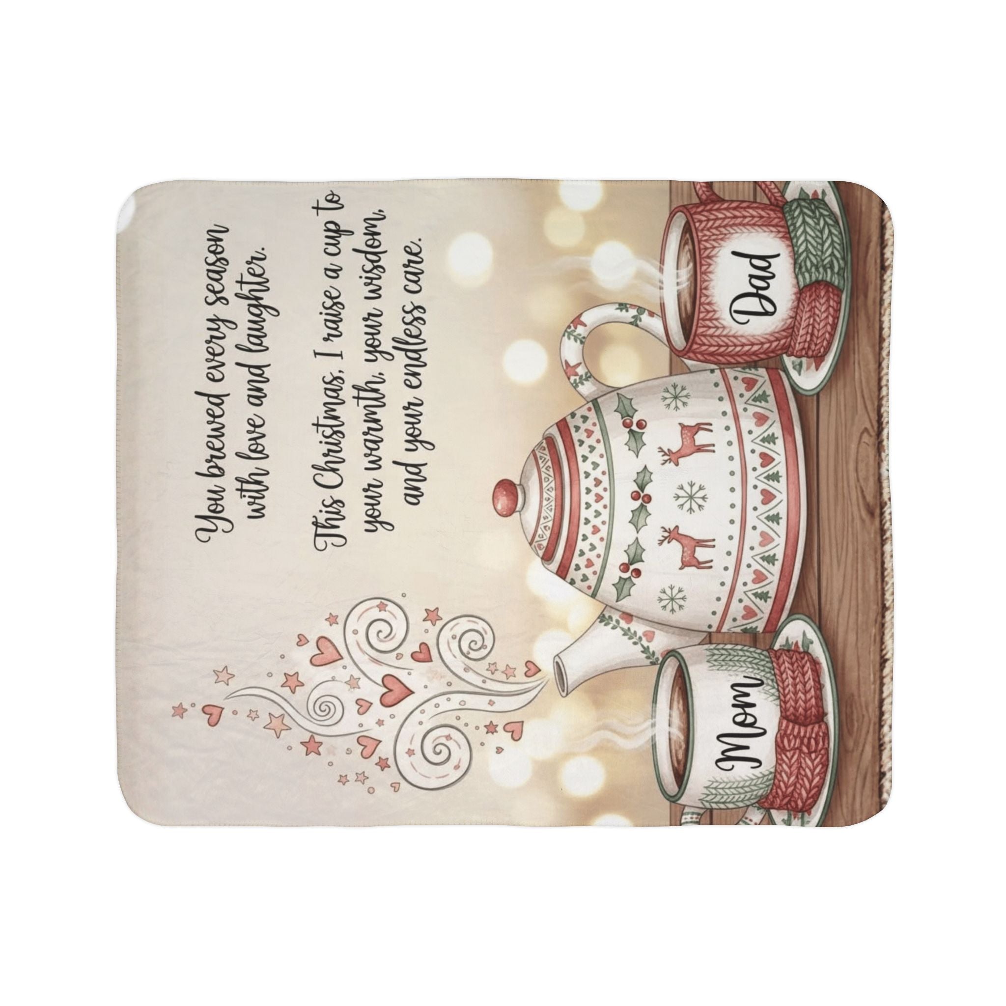 Christmas Tea Tribute Fleece Sherpa Blanket  "Mom" & "Dad" Cozy Holiday Message Holiday Christmas Blanket,