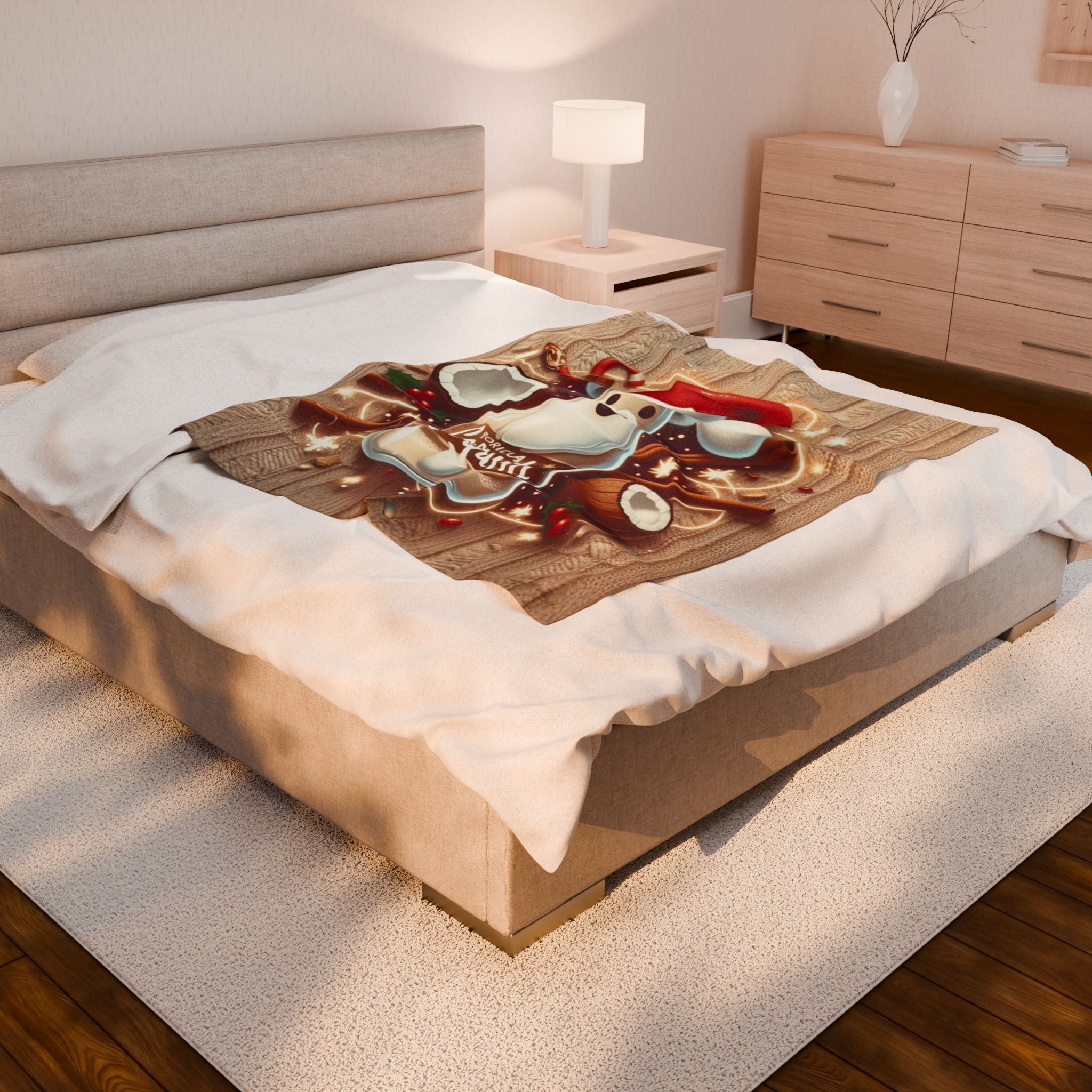 Coquito Santa Velveteen Plush Blanket Holiday Puerto Rican Coquito Design