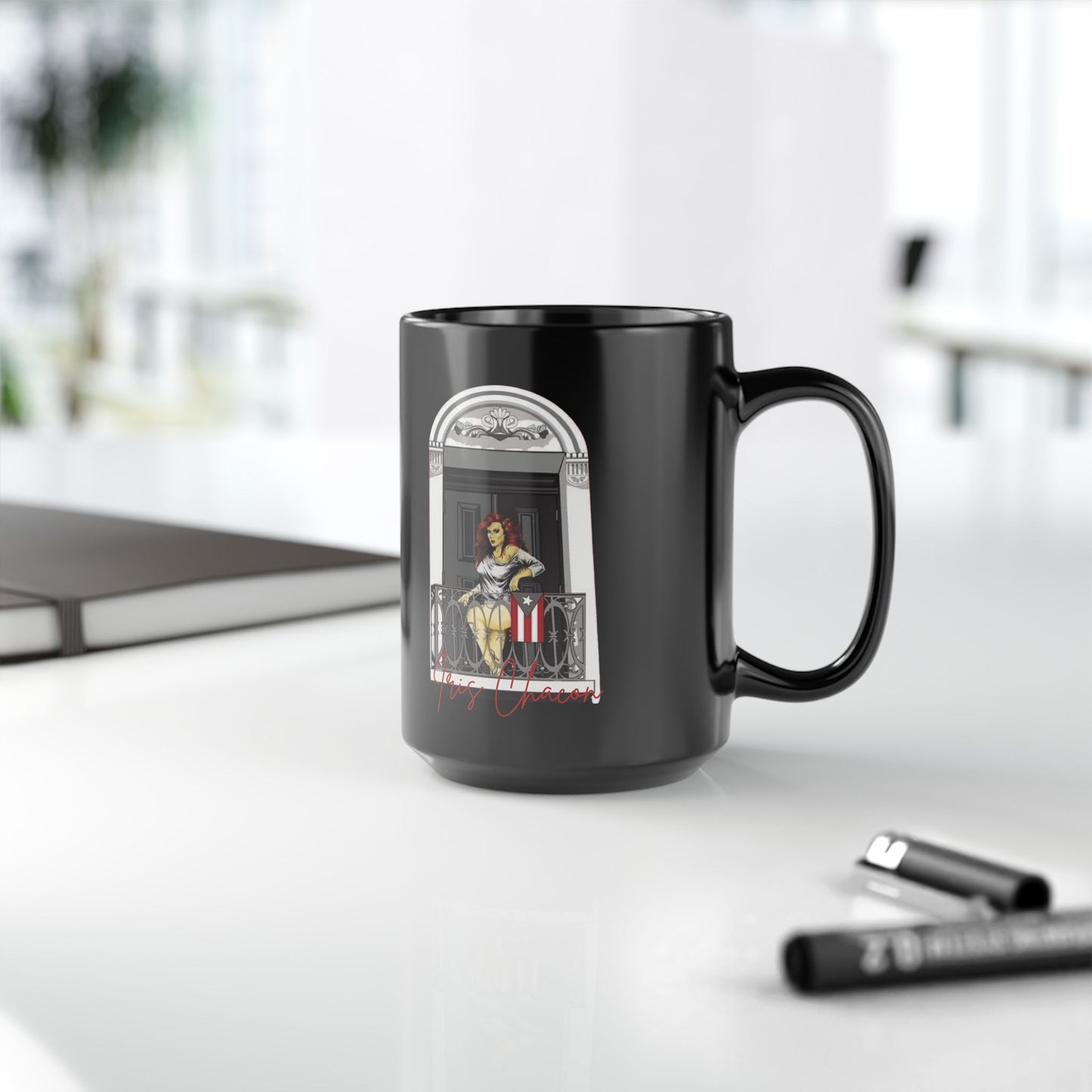 Iris Chacon Orgullo Boricua Chic Women's Coffee Mug, Stylish Black Cup, Gift for Her, Trendy Kitchen Decor, Perfect for Birthdays,