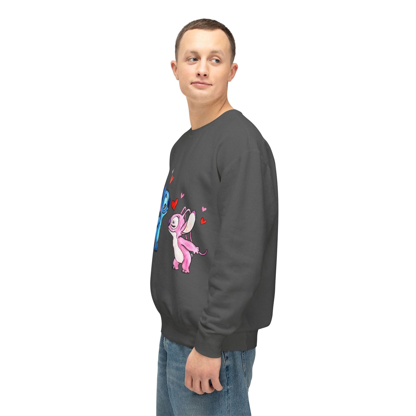 Cute Stitch Valentine Sweatshirt — Blue & Pink Love Characters with Hearts
