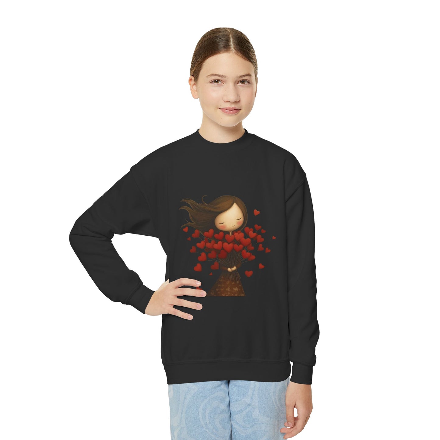 Youth Sweatshirt  Cute Girl with Heart Shower "Love Bug" Crewneck