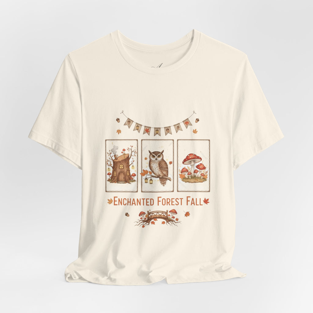 Enchanted Forest Fall Tee, Cute Owl Shirt, Autumn Graphic Tee, Nature Lover Gift, Cozy Fall Apparel, Wildlife T-Shirt, Unisex Fall Top