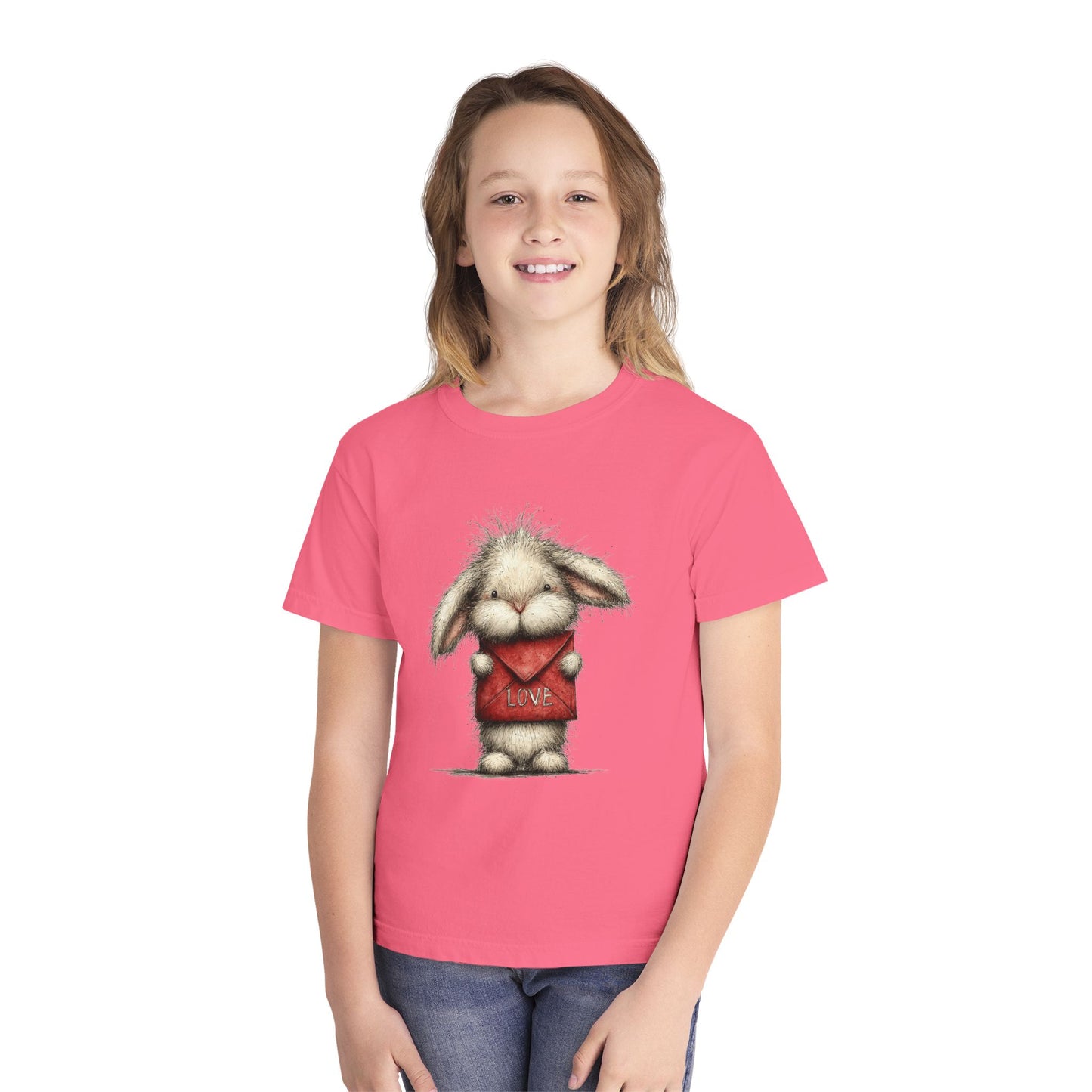 Kids Tee  Cute Bunny Holding "Love" Heart Graphic (Youth Midweight)