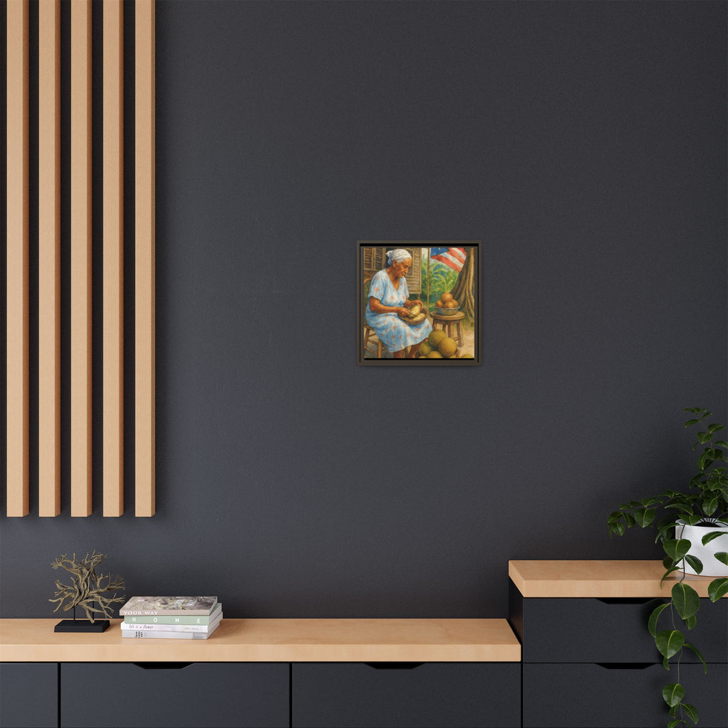 Cultural & Story-Driven These Puerto Rico inspired  Framed Matte Canvas Print  Woman Shelling Fruit Vintage Tropical Painting
