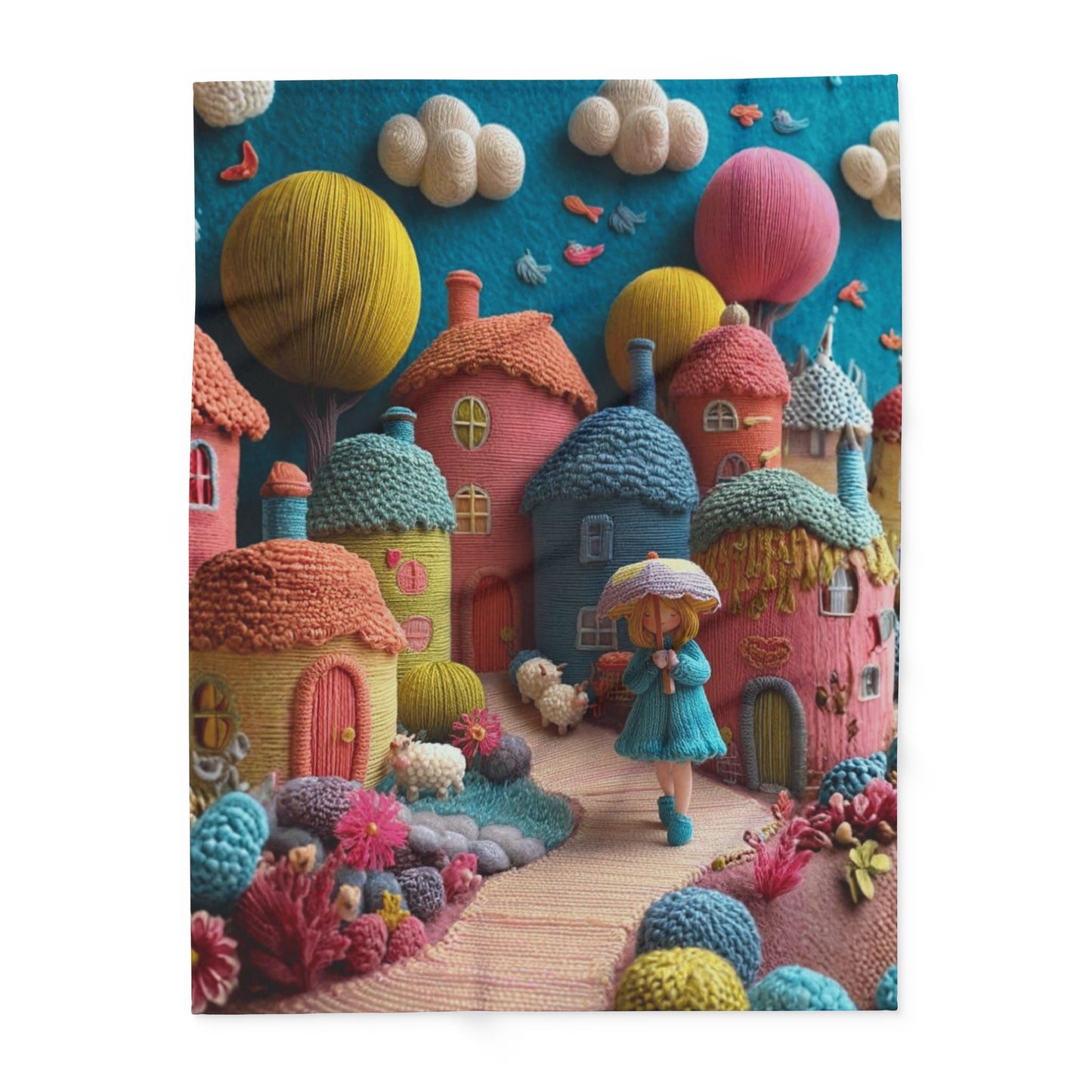 Whimsical Felt Village Fleece Blanket — Cute Cozy Throw for Kids & Nursery