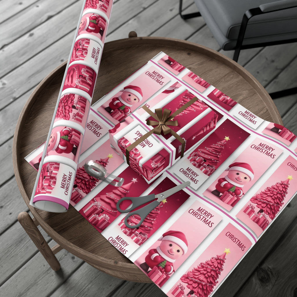 Christmas Gift Wrap Paper - Pink Merry Christmas Star & Tree Holiday Wrapping Sheets
