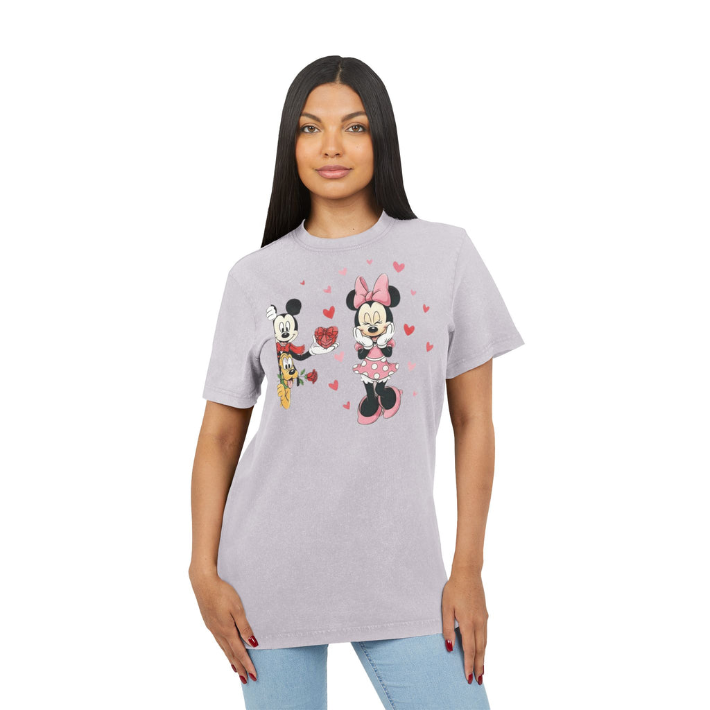 Vintage Acid-Wash Tee — Cute Cartoon Couple with Hearts
