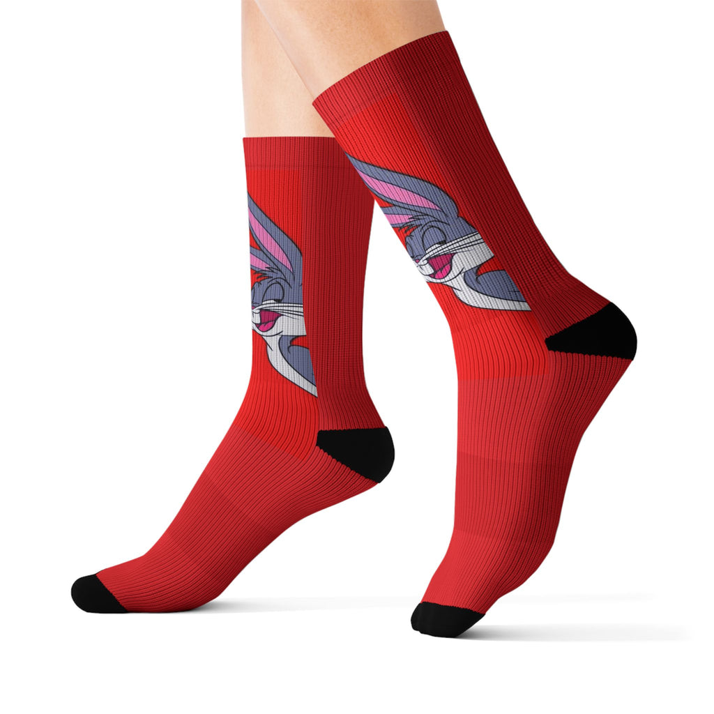 Bunny Face Red Sublimation Socks  Fun Cartoon Rabbit Crew Socks