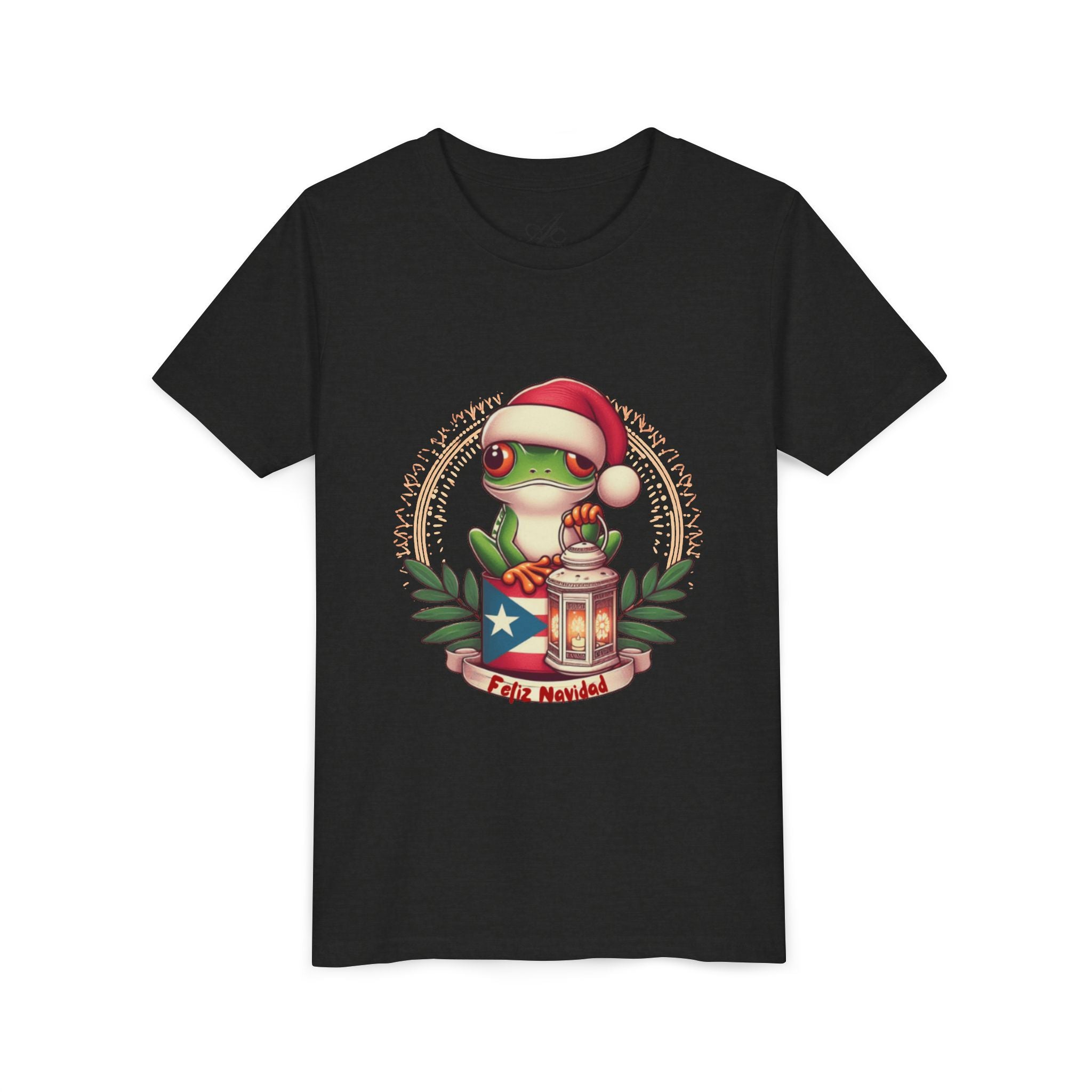 Kids Tee Cute Frog with Puerto Rican Flag & Lantern (Feliz Navidad)