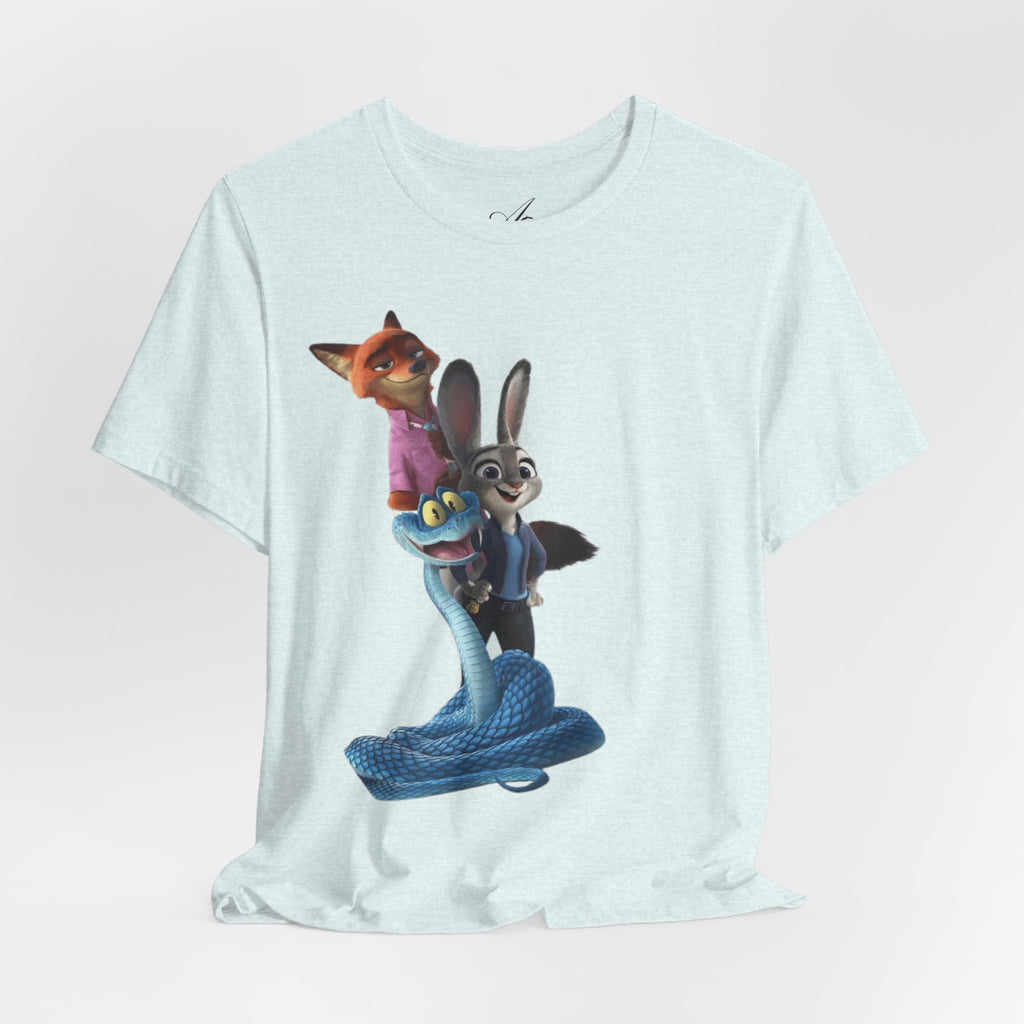 Animated Character Tee — Cute Fox & Bunny Stack Graphic T-Shirt  cartoon-style Christmas artwork