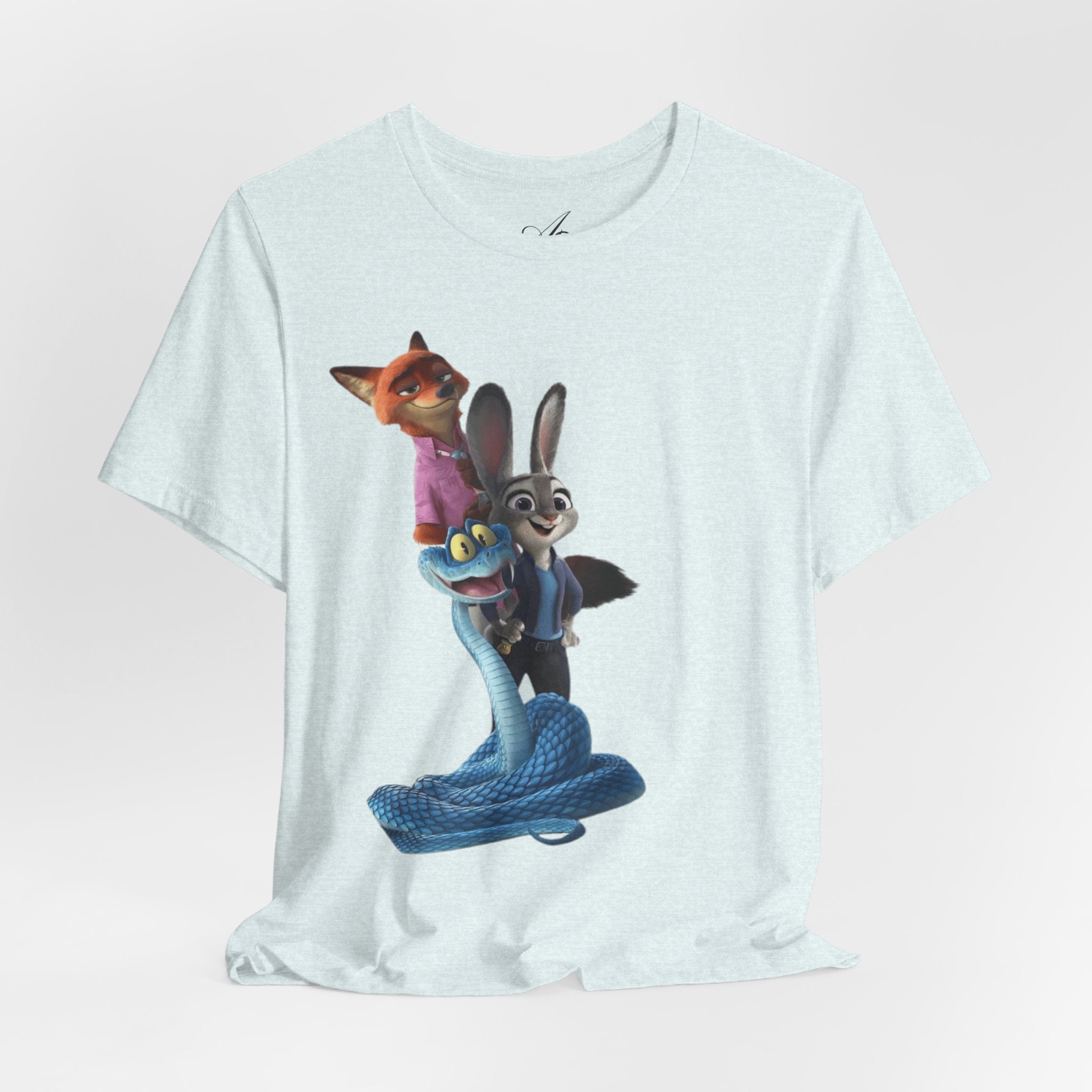 Animated Character Tee — Cute Fox & Bunny Stack Graphic T-Shirt  cartoon-style Christmas artwork