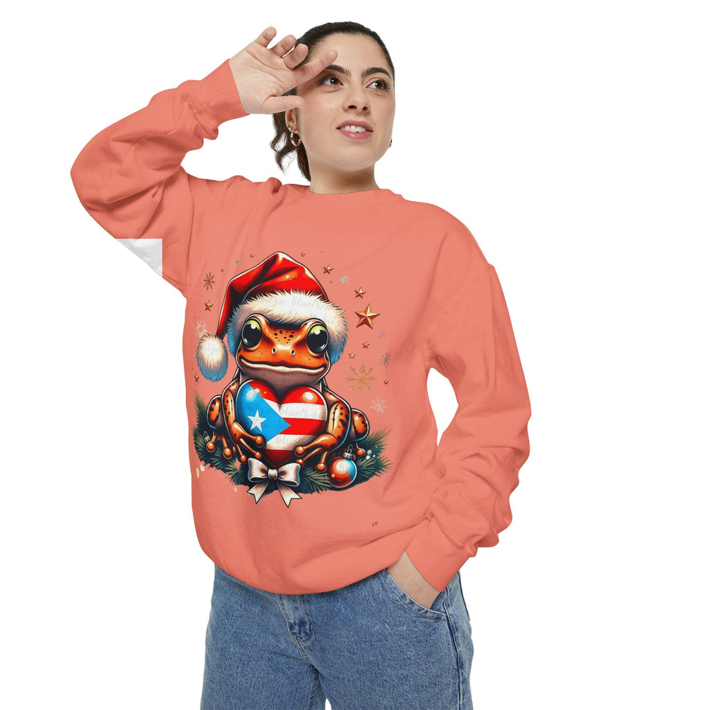 Christmas Coqui Sweatshirt — Cute Santa Frog Holding Ornament Holiday Sweater
