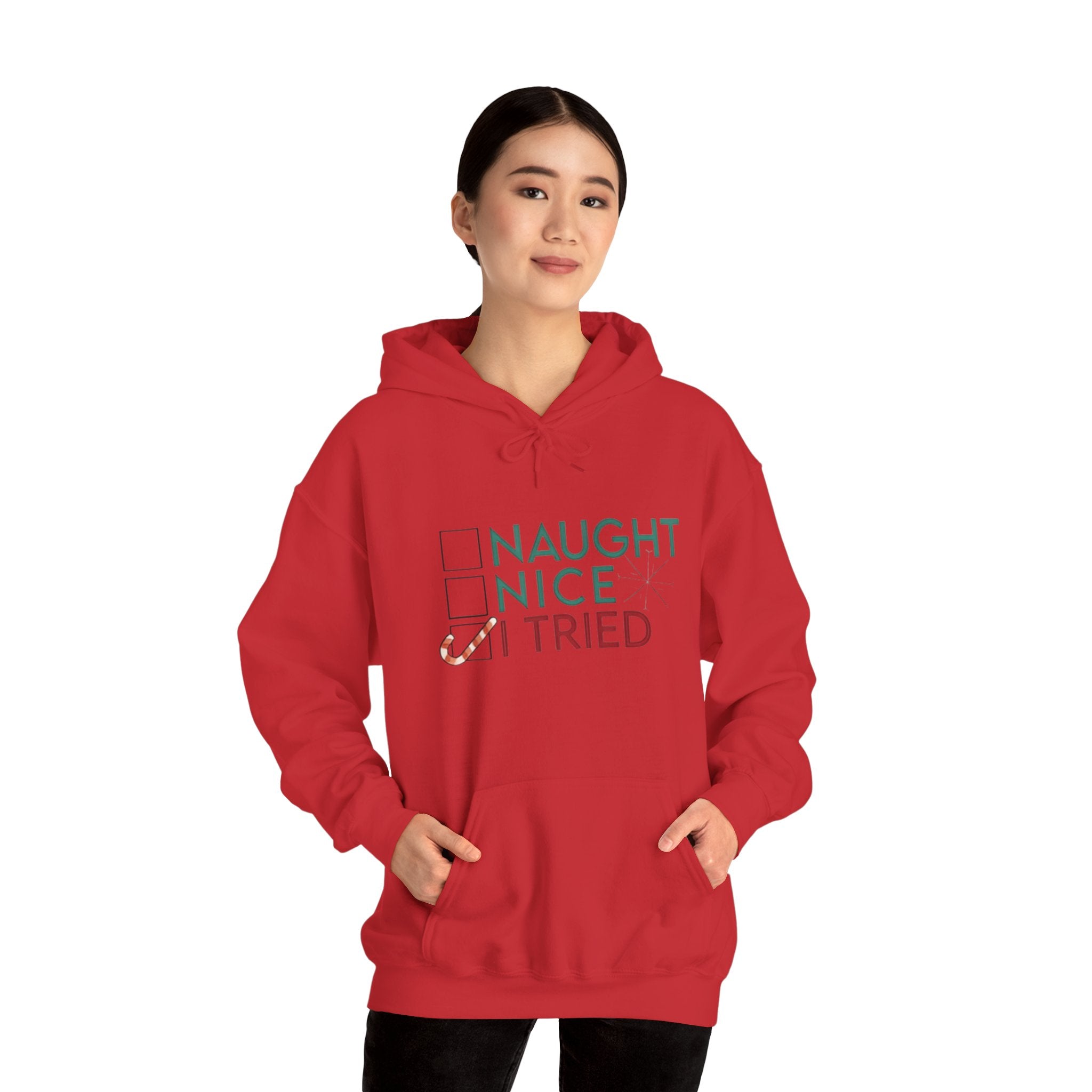 Holiday Hoodie — "Naughty, Nice, I Tried" Funny Christmas Sweatshirt