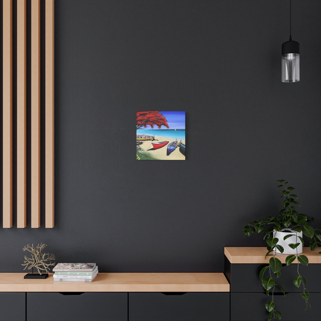 Beach Canoes Canvas Wall Art Tropical Seaside Landscape Matte Stretched Canvas