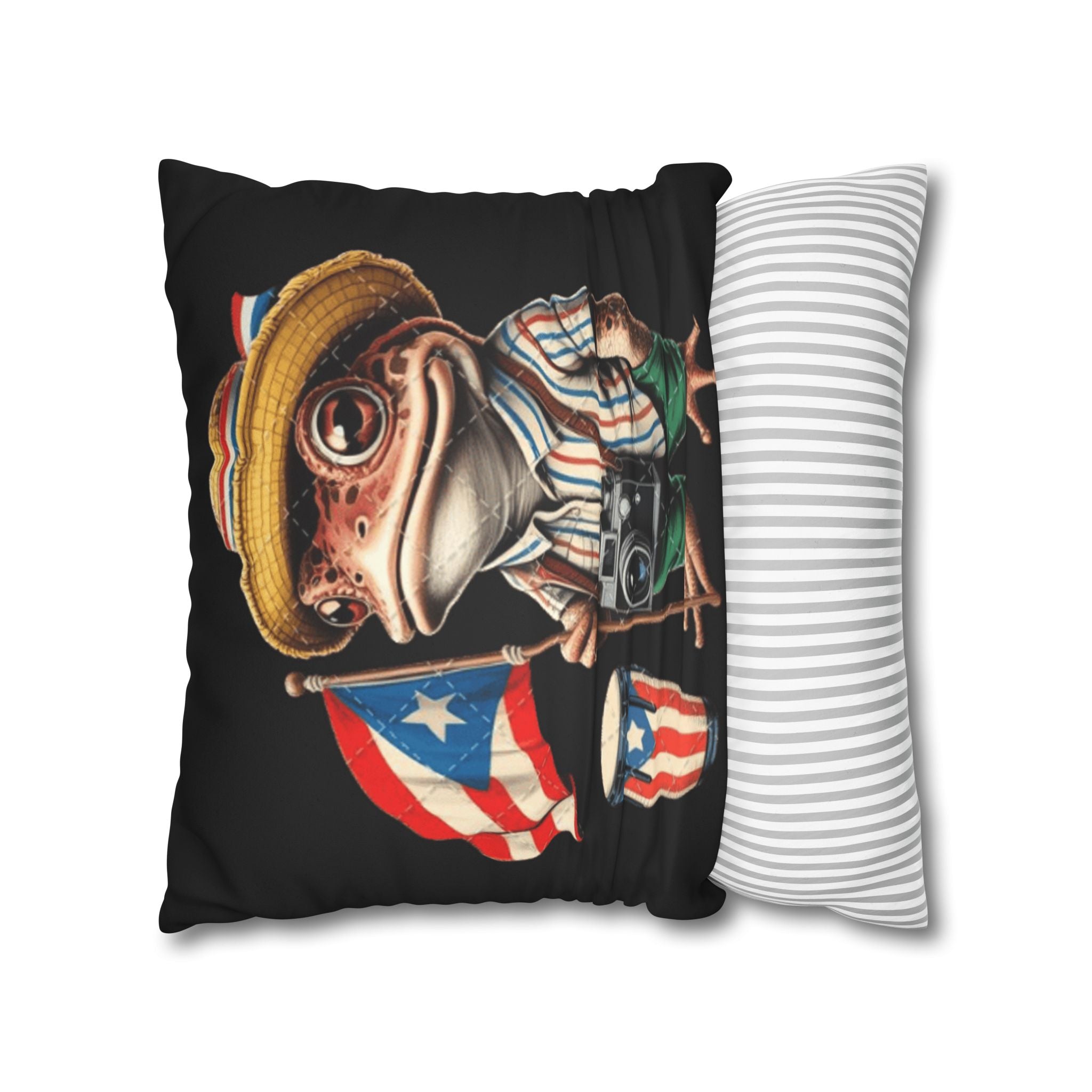 Puerto Rican Flag Frog Faux Suede Pillowcase  Tourist Toad Camera Design Puerto Rico Culture Pillow