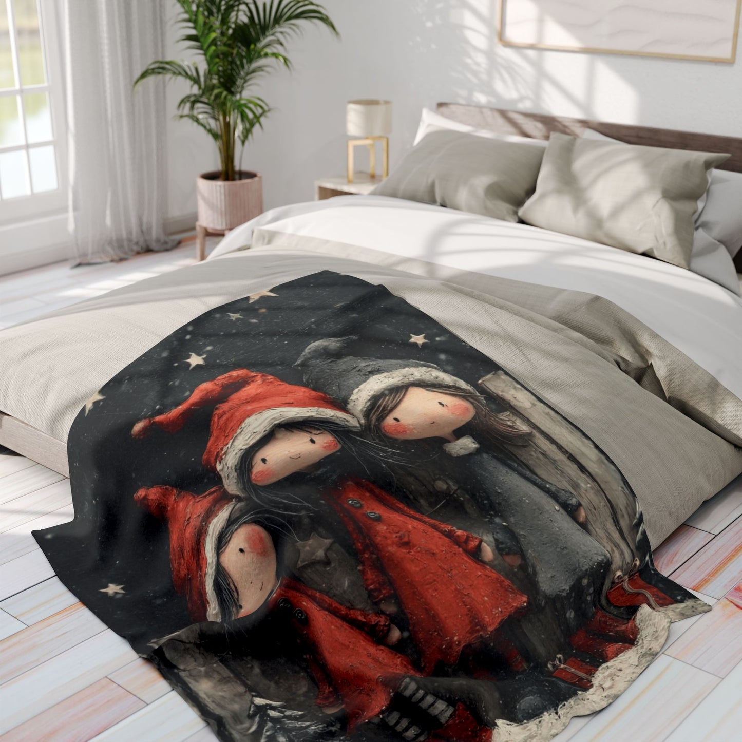 Holiday Girls Fleece Blanket — Cute Christmas Elf Trio Winter Throw