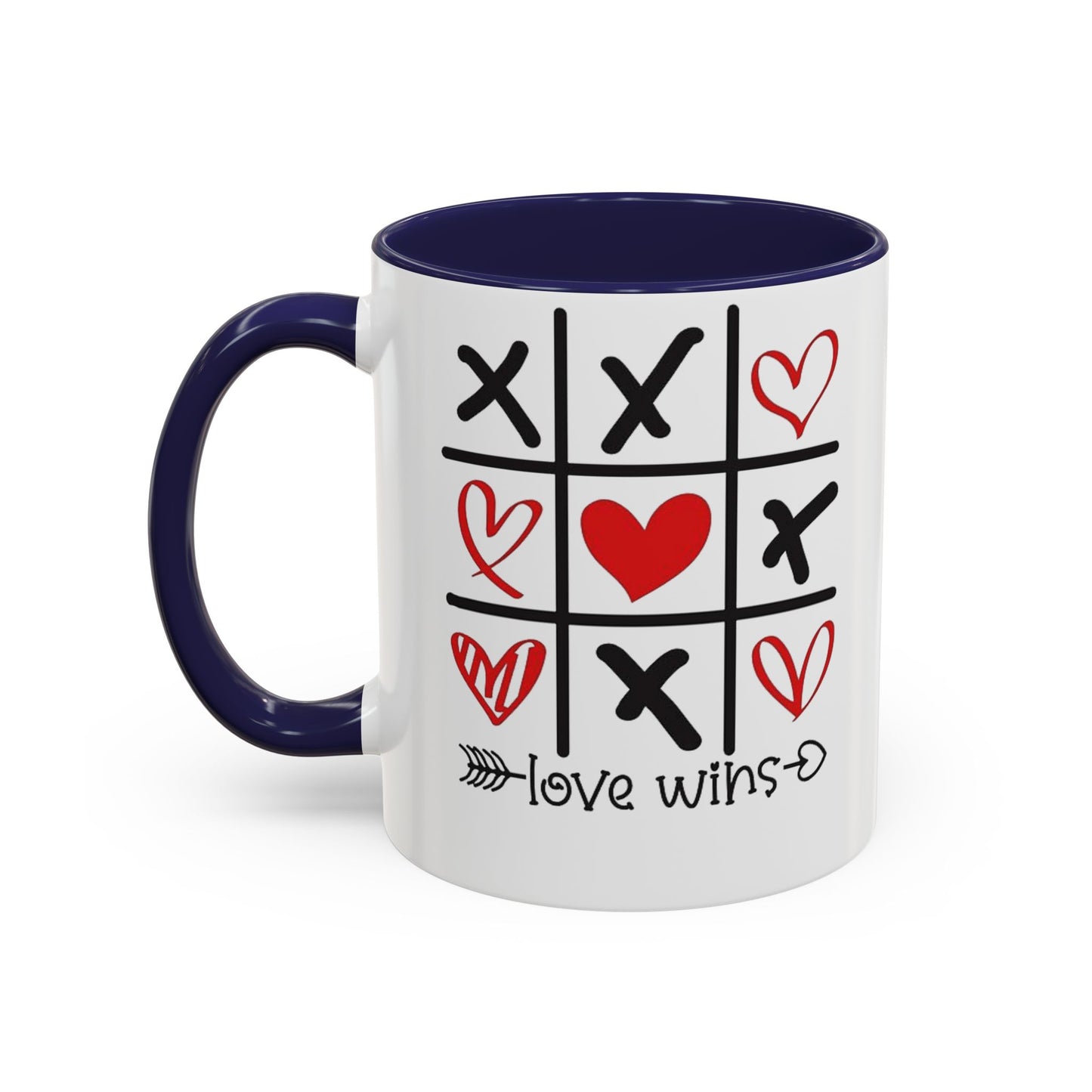 Love Wins Tic-Tac-Toe Heart Accent Coffee Mug — Romantic Valentine 11/15oz
