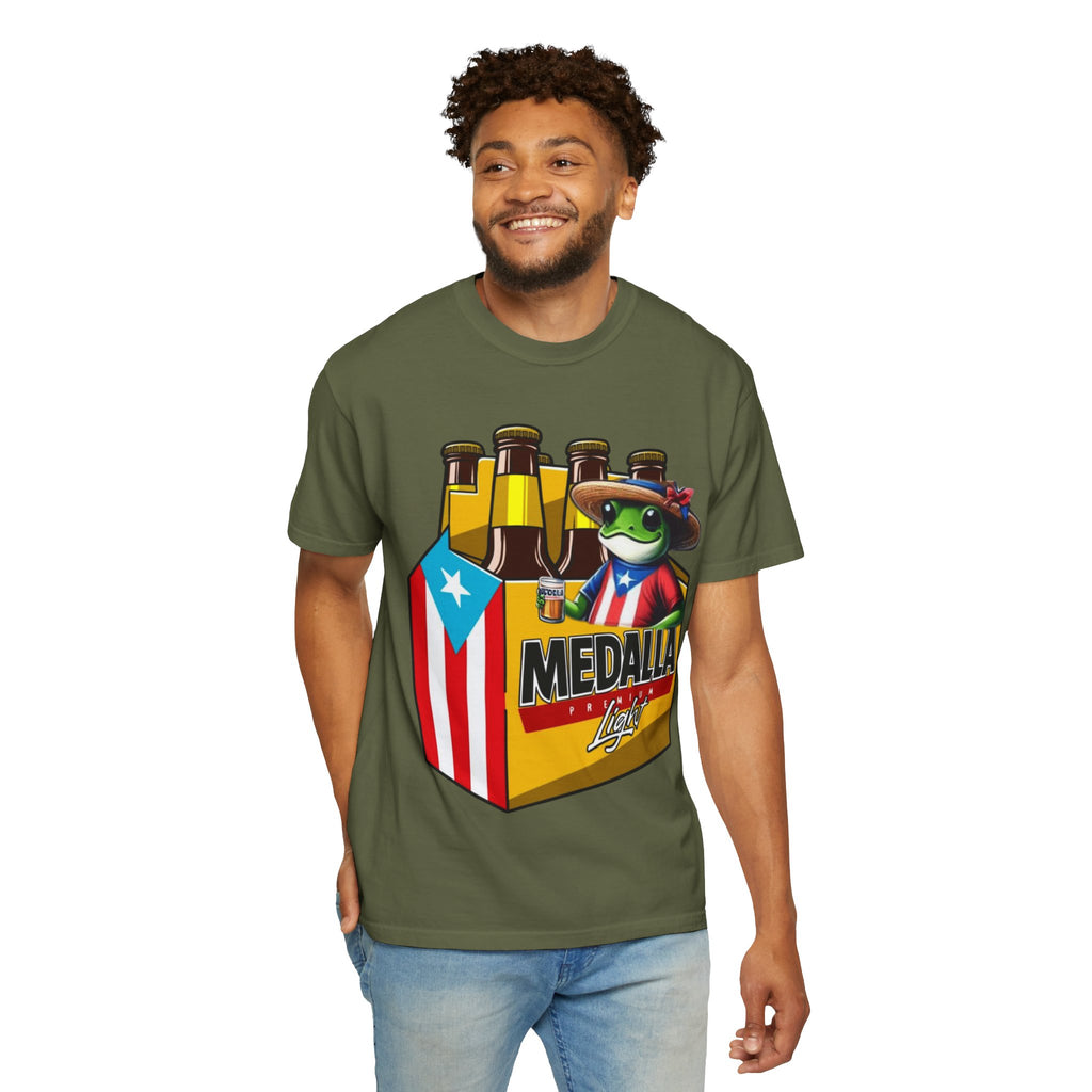 Medalla Light Puerto Rican Beer T-Shirt Coqui Frog Mascot Six-Pack Graphic Tee Puerto Rico’s Navidades