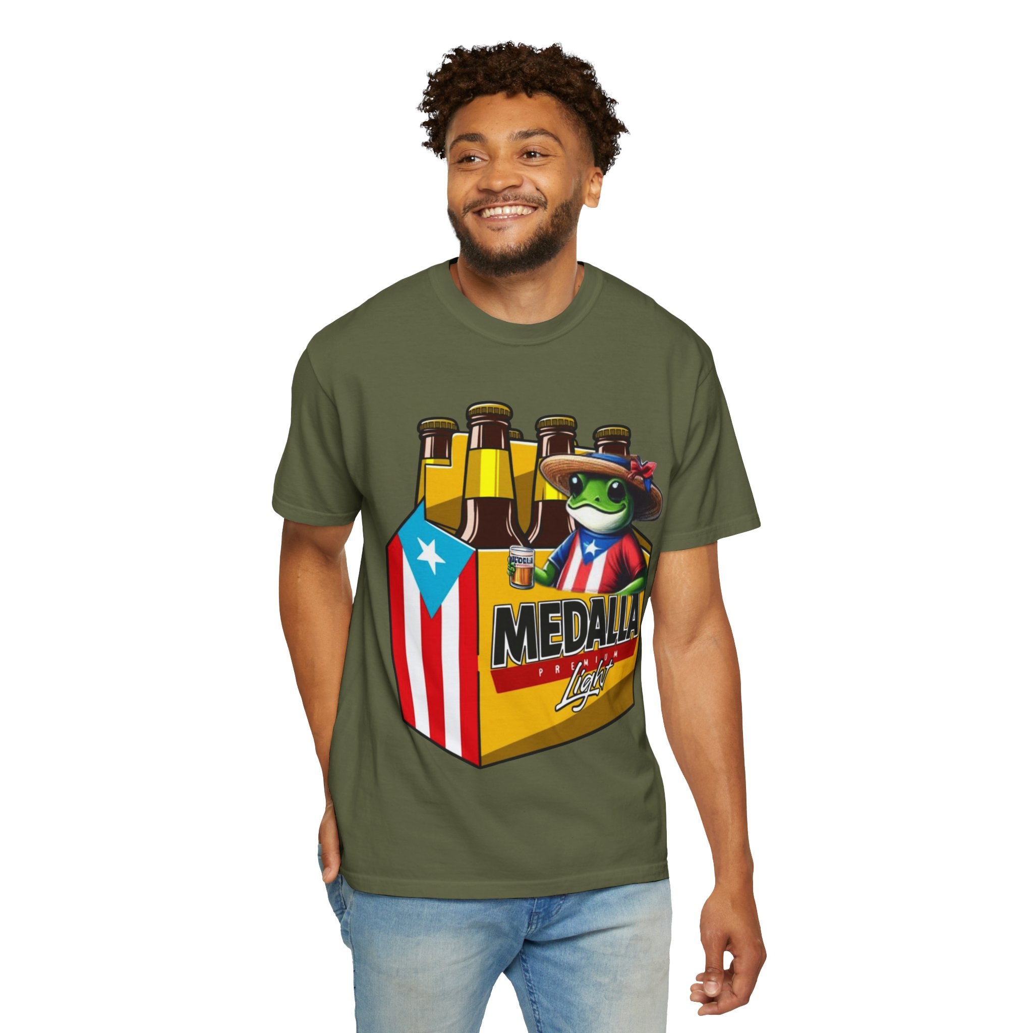 Medalla Light Puerto Rican Beer T-Shirt Coqui Frog Mascot Six-Pack Graphic Tee Puerto Rico’s Navidades