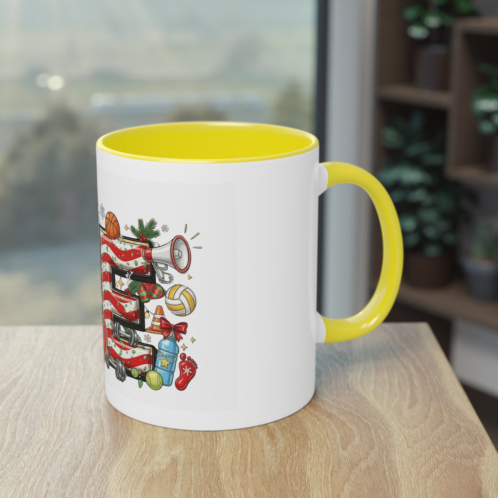 Holiday Sports Mom Coffee Mug Festive 'PE' Candy-Stripe Design, 11oz Two-Tone School Staff Christmas Mug Collection,