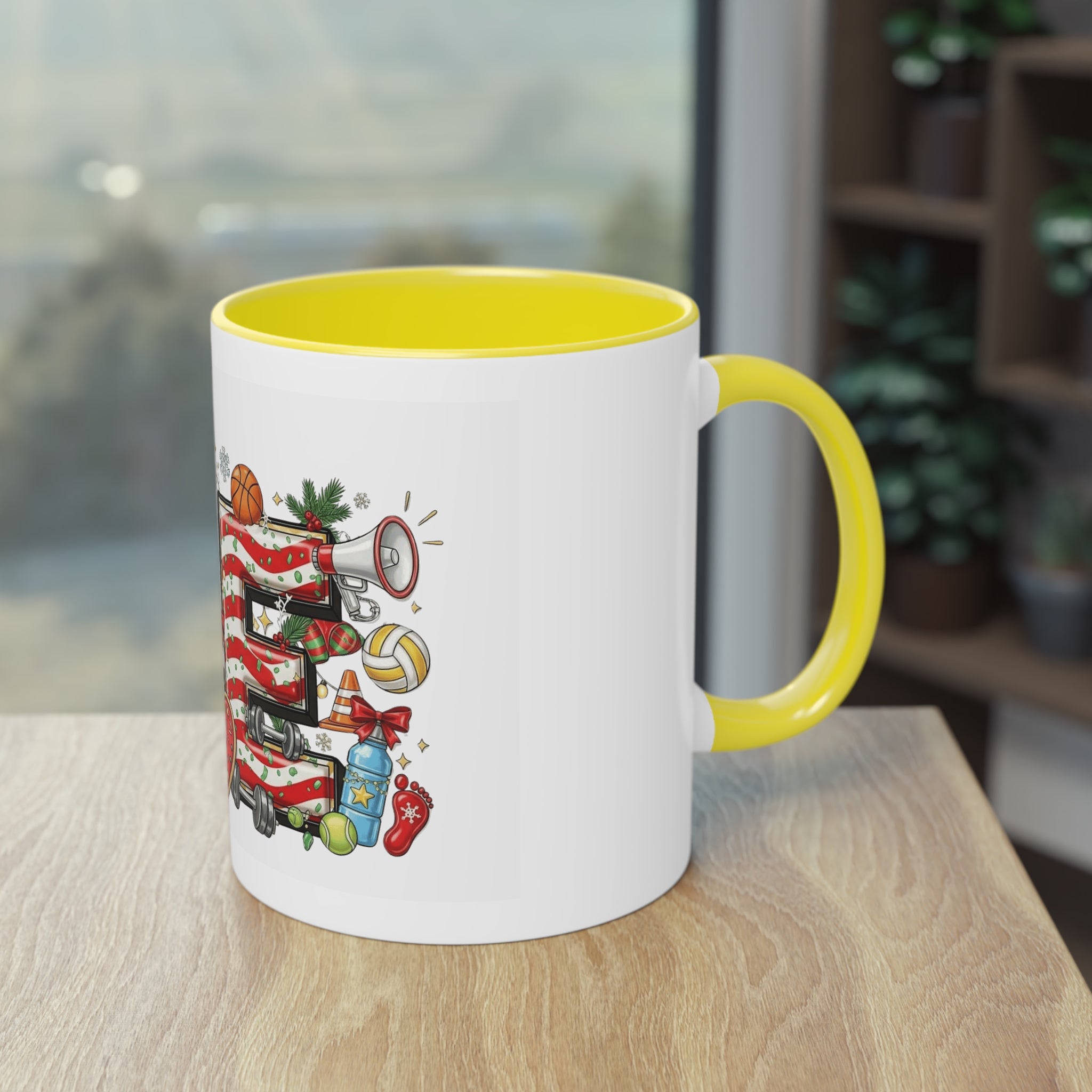 Holiday Sports Mom Coffee Mug Festive 'PE' Candy-Stripe Design, 11oz Two-Tone School Staff Christmas Mug Collection,