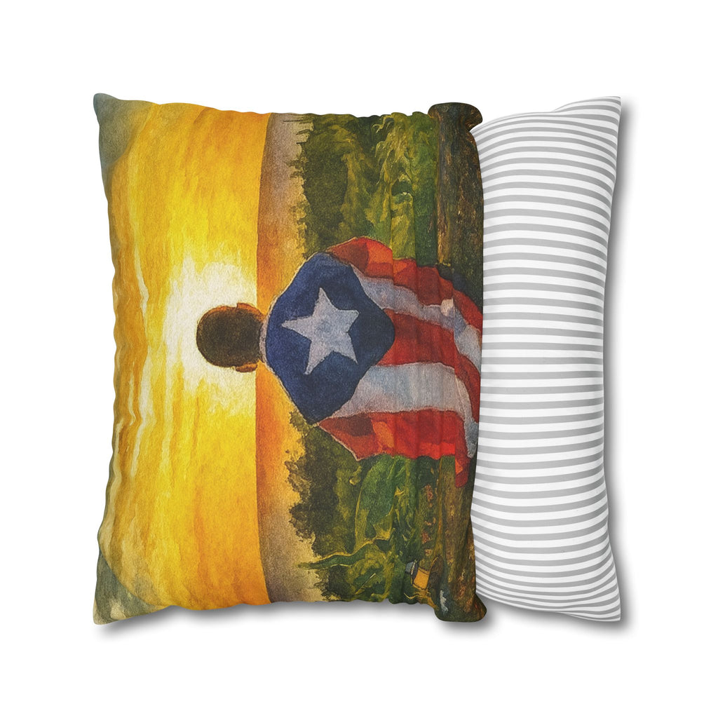 Puerto Rican Flag Sunset Pillowcase  Boy Draped in Puerto Rico Flag Decorative Throw Pillow Puerto Rico Culture Pillow
