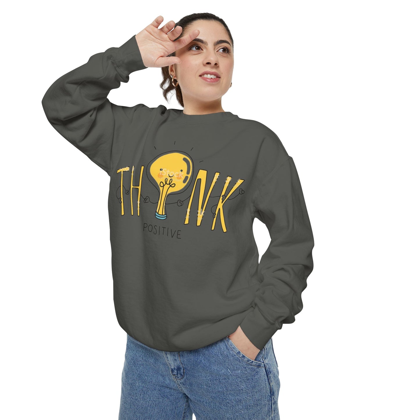 Think Positive Sweatshirt  Cute Lightbulb Graphic Positive Vibes Crewneck