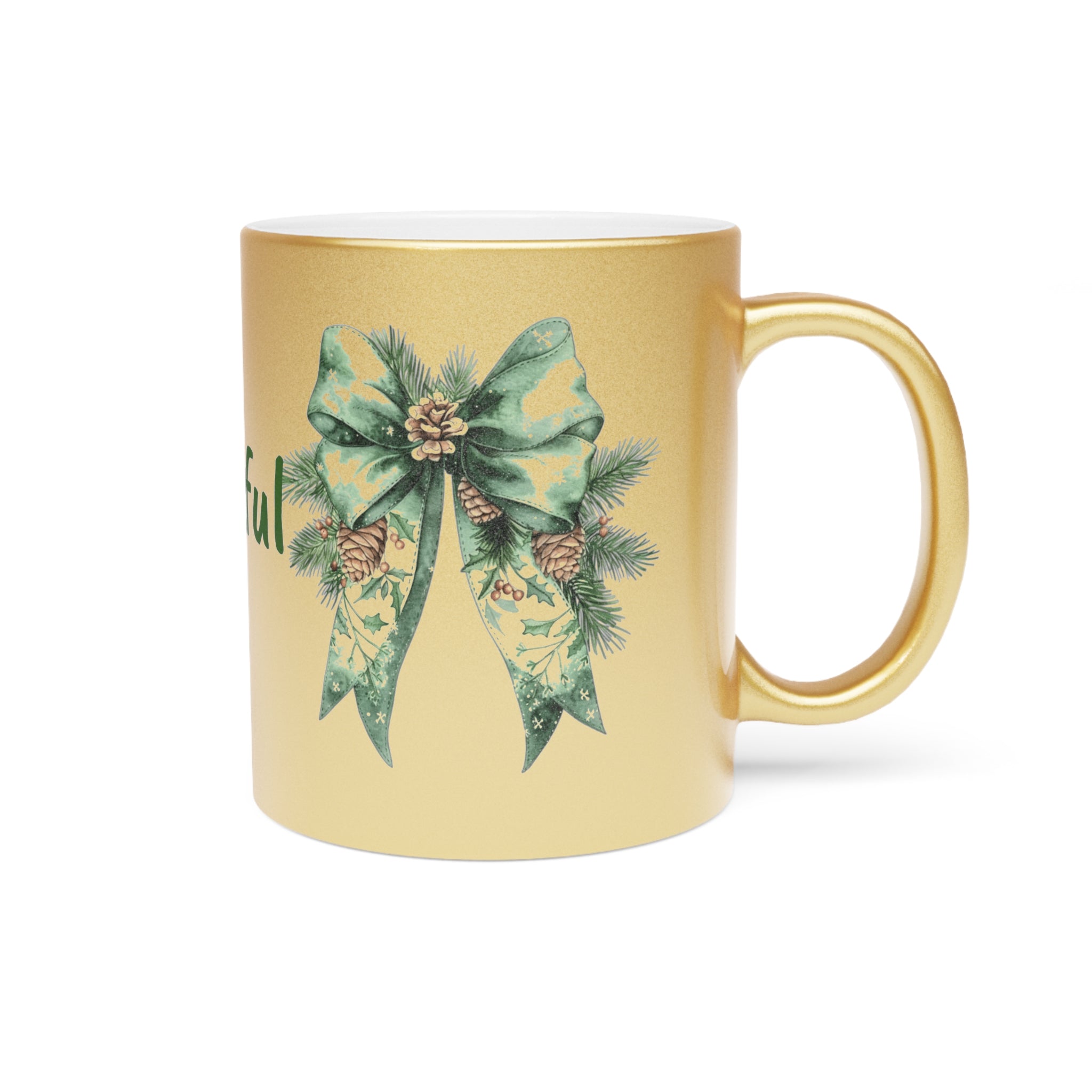 Grateful Holiday Metallic Mug - Silver/Gold with Festive Bow Design