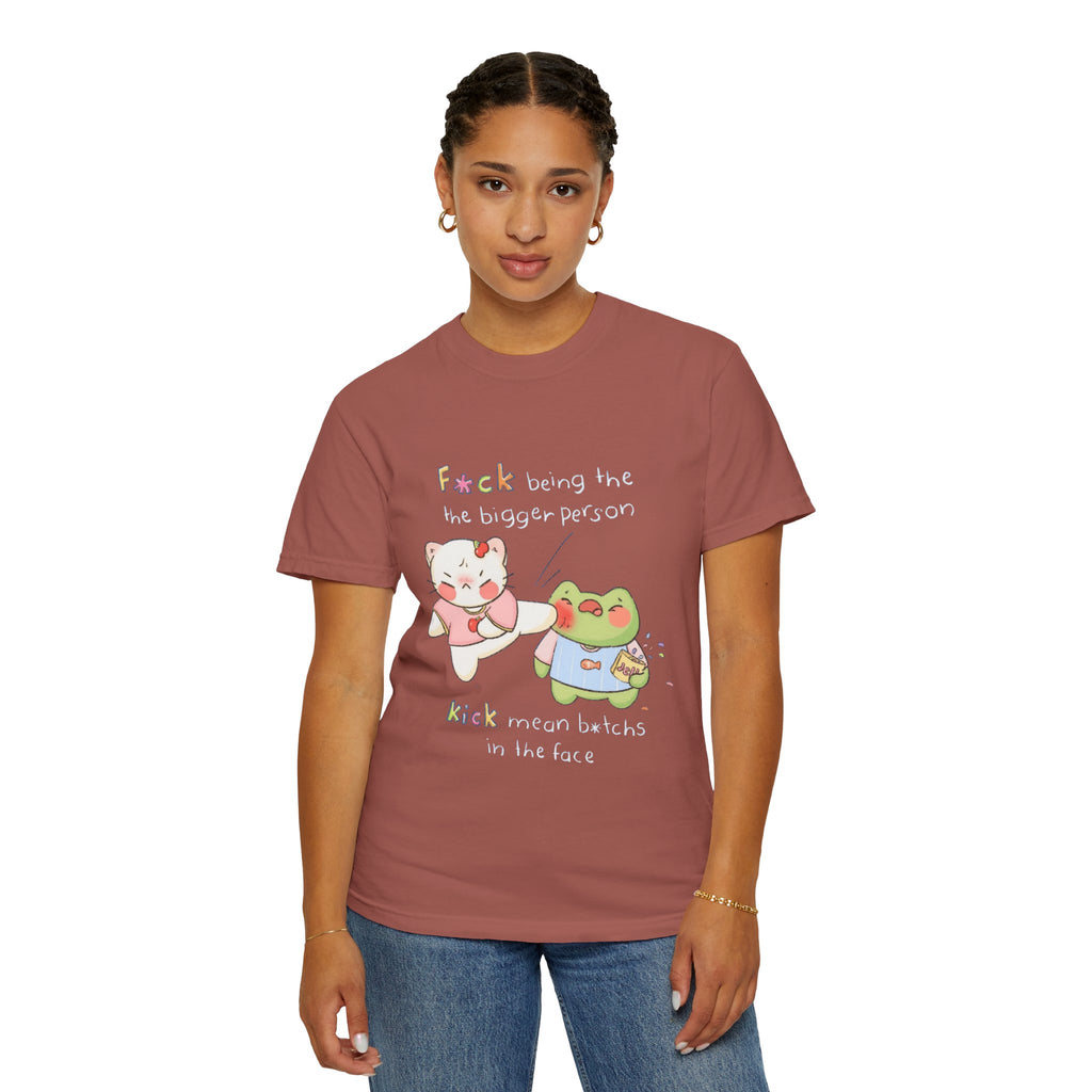 Graphic T-Shirt  Cute Kicking Cat & Frog with 'F*ck Being The Bigger Person' Slogan