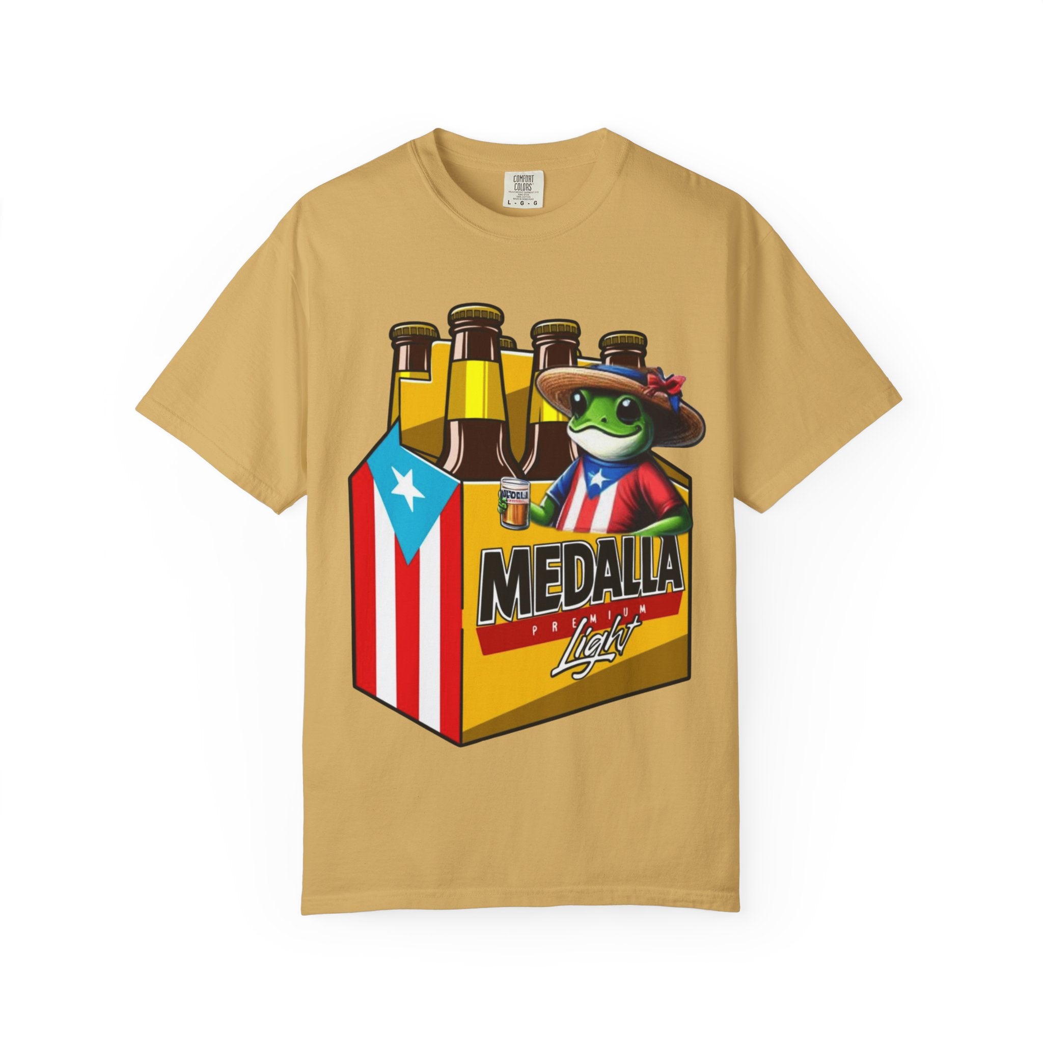 Medalla Light Puerto Rican Beer T-Shirt Coqui Frog Mascot Six-Pack Graphic Tee Puerto Rico’s Navidades