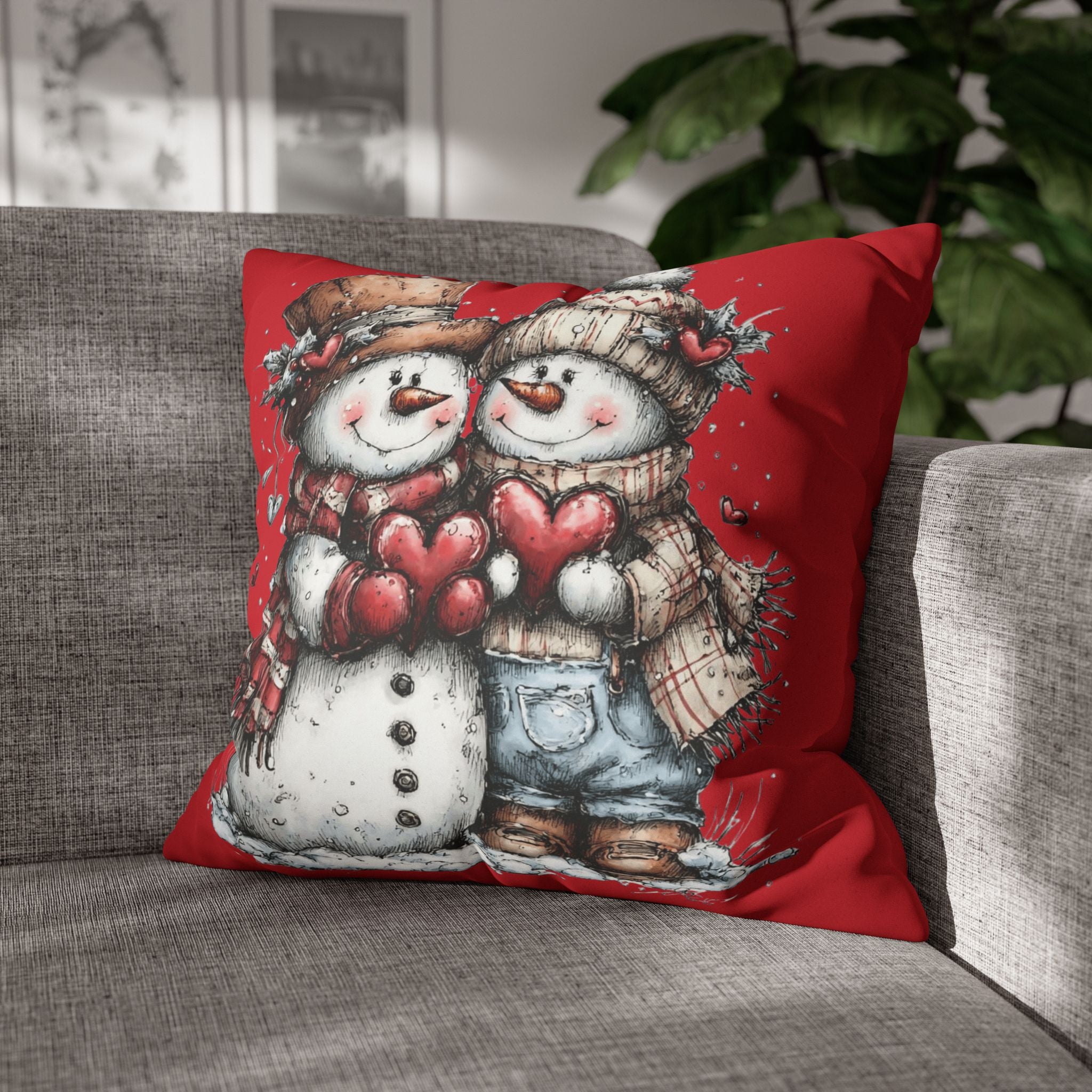 Christmas Snowman Couple Faux Suede Pillowcase CHRISTMAS PILLOW DÉCOR