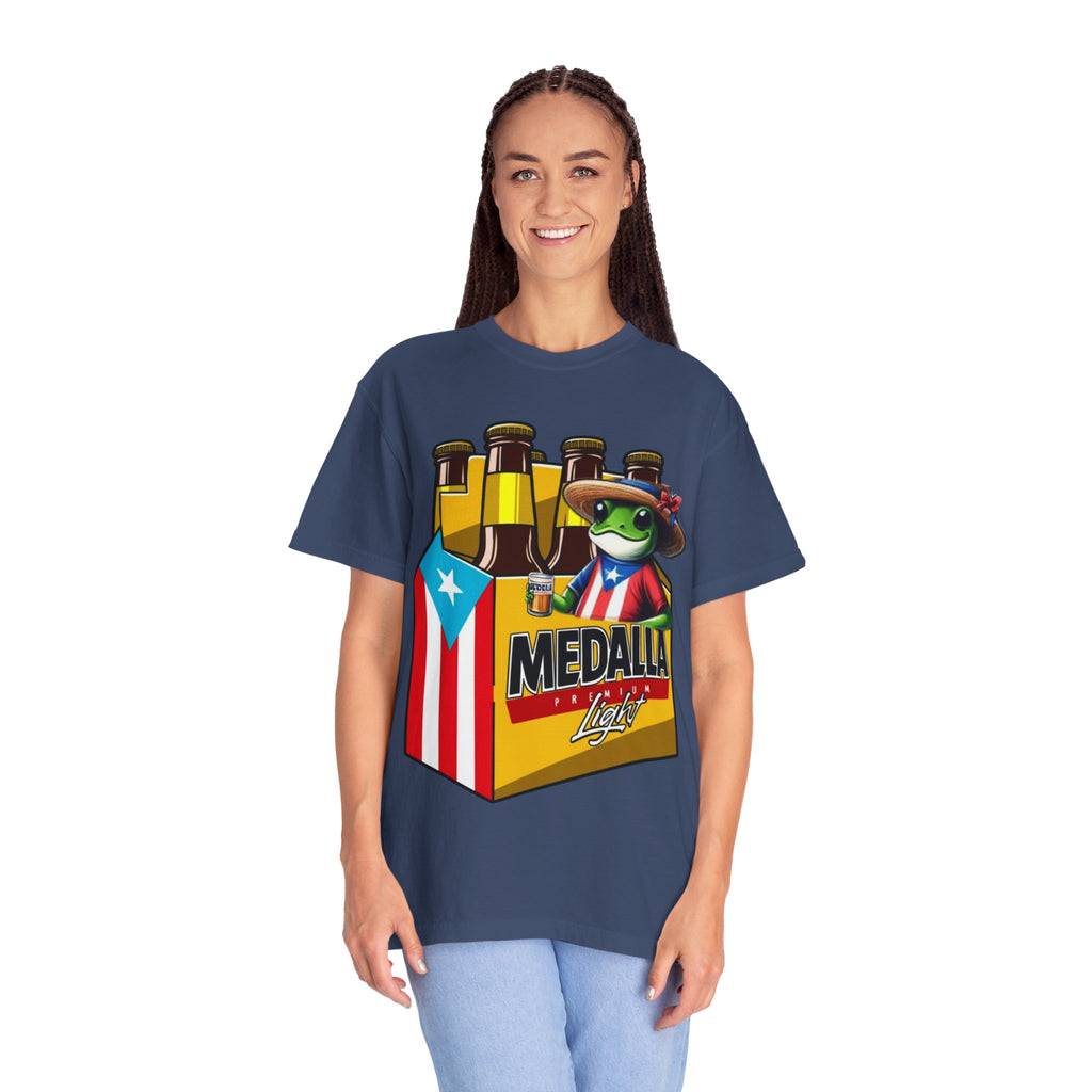 Medalla Light Puerto Rican Beer T-Shirt Coqui Frog Mascot Six-Pack Graphic Tee Puerto Rico’s Navidades