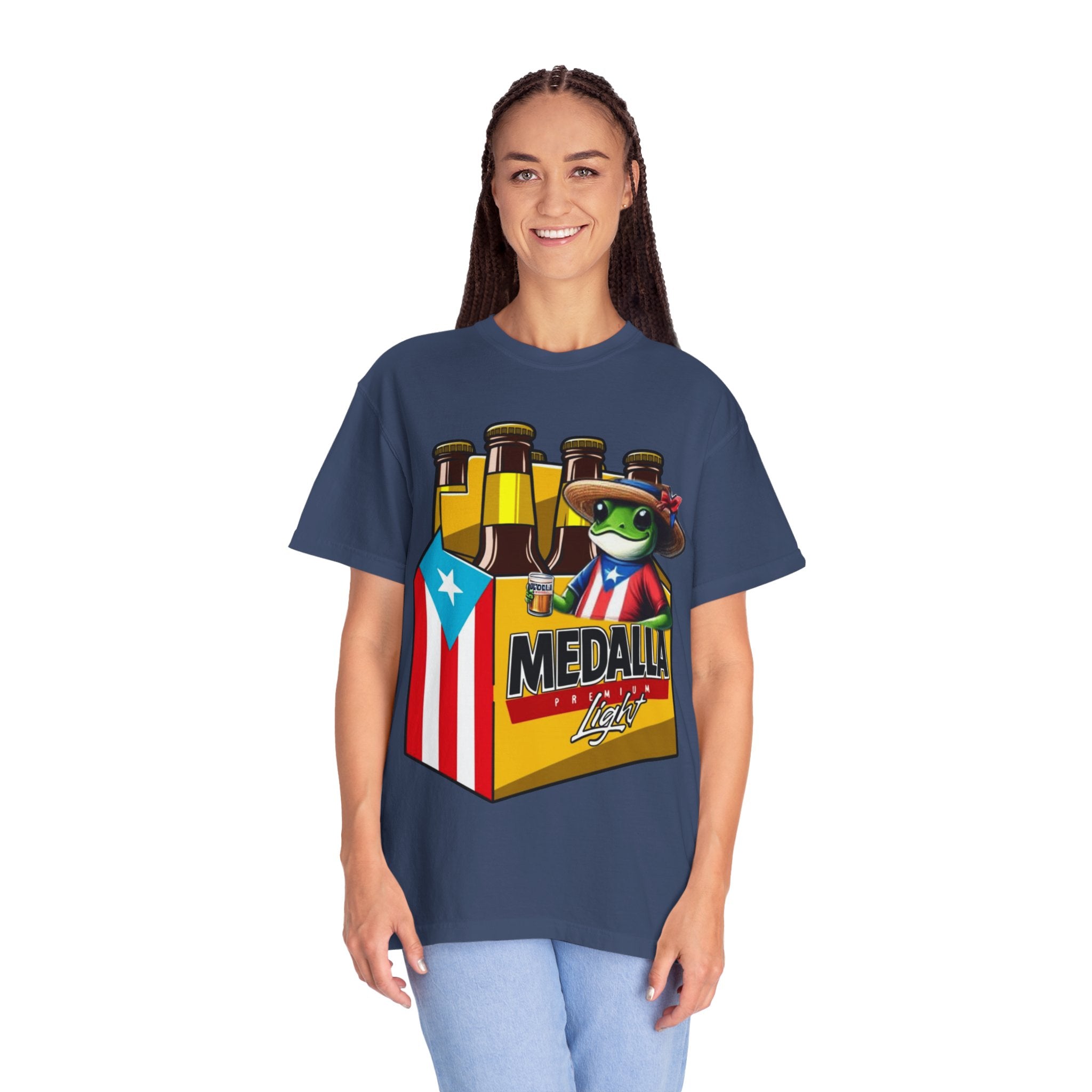 Medalla Light Puerto Rican Beer T-Shirt Coqui Frog Mascot Six-Pack Graphic Tee Puerto Rico’s Navidades
