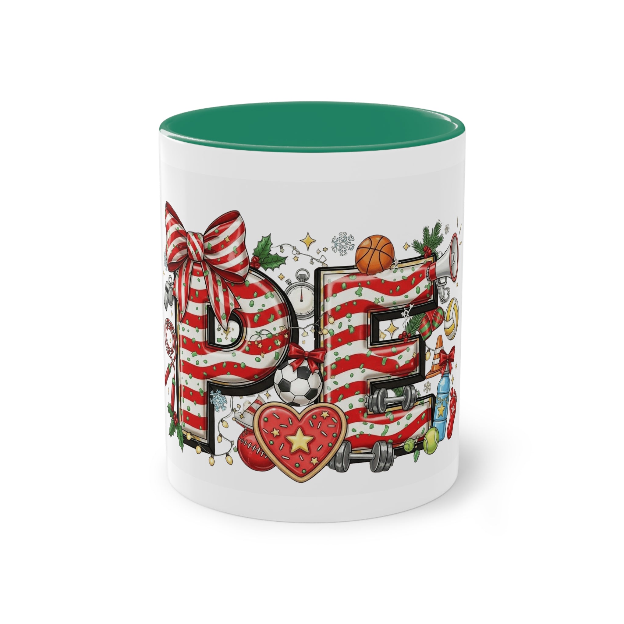 Holiday Sports Mom Coffee Mug Festive 'PE' Candy-Stripe Design, 11oz Two-Tone School Staff Christmas Mug Collection,