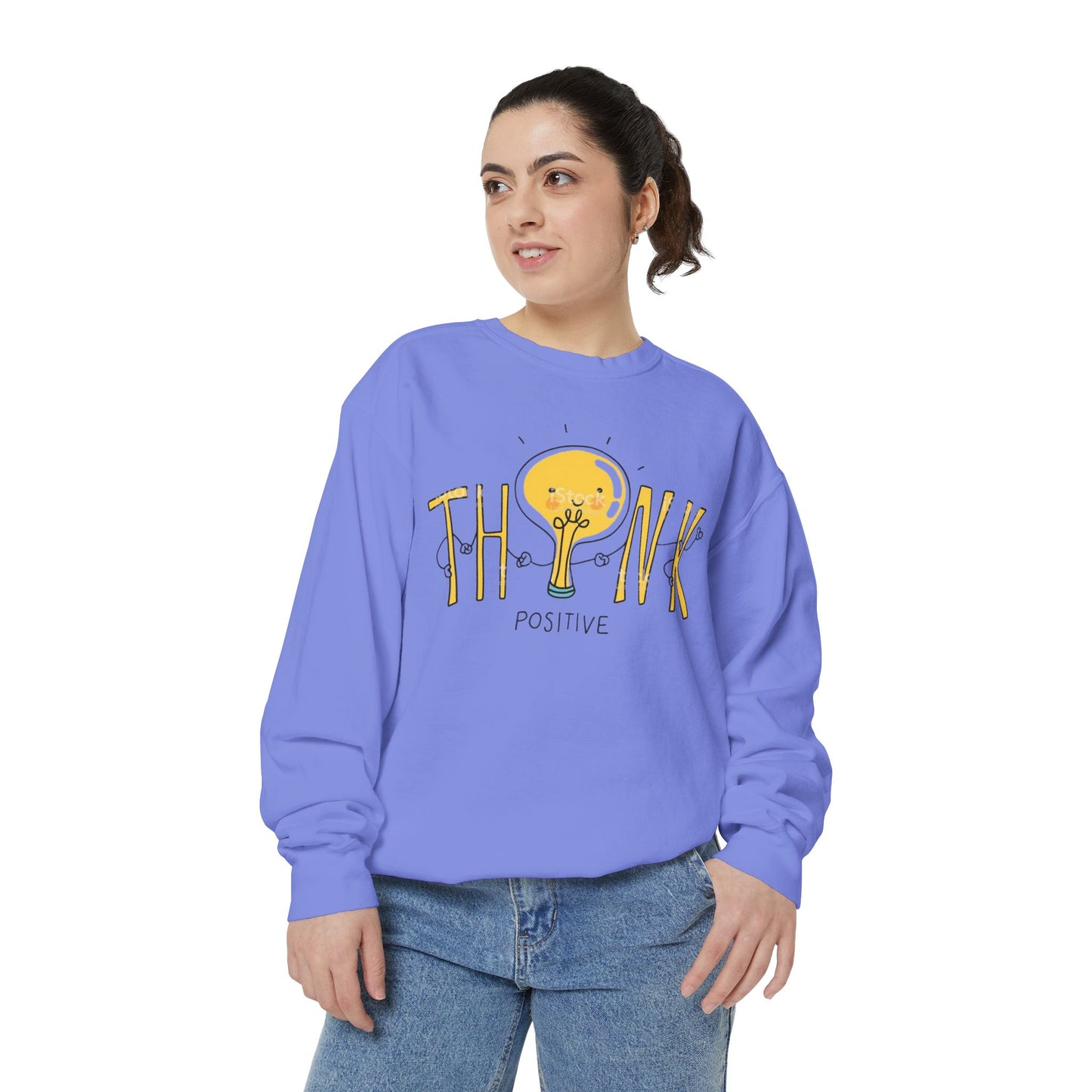Think Positive Sweatshirt  Cute Lightbulb Graphic Positive Vibes Crewneck