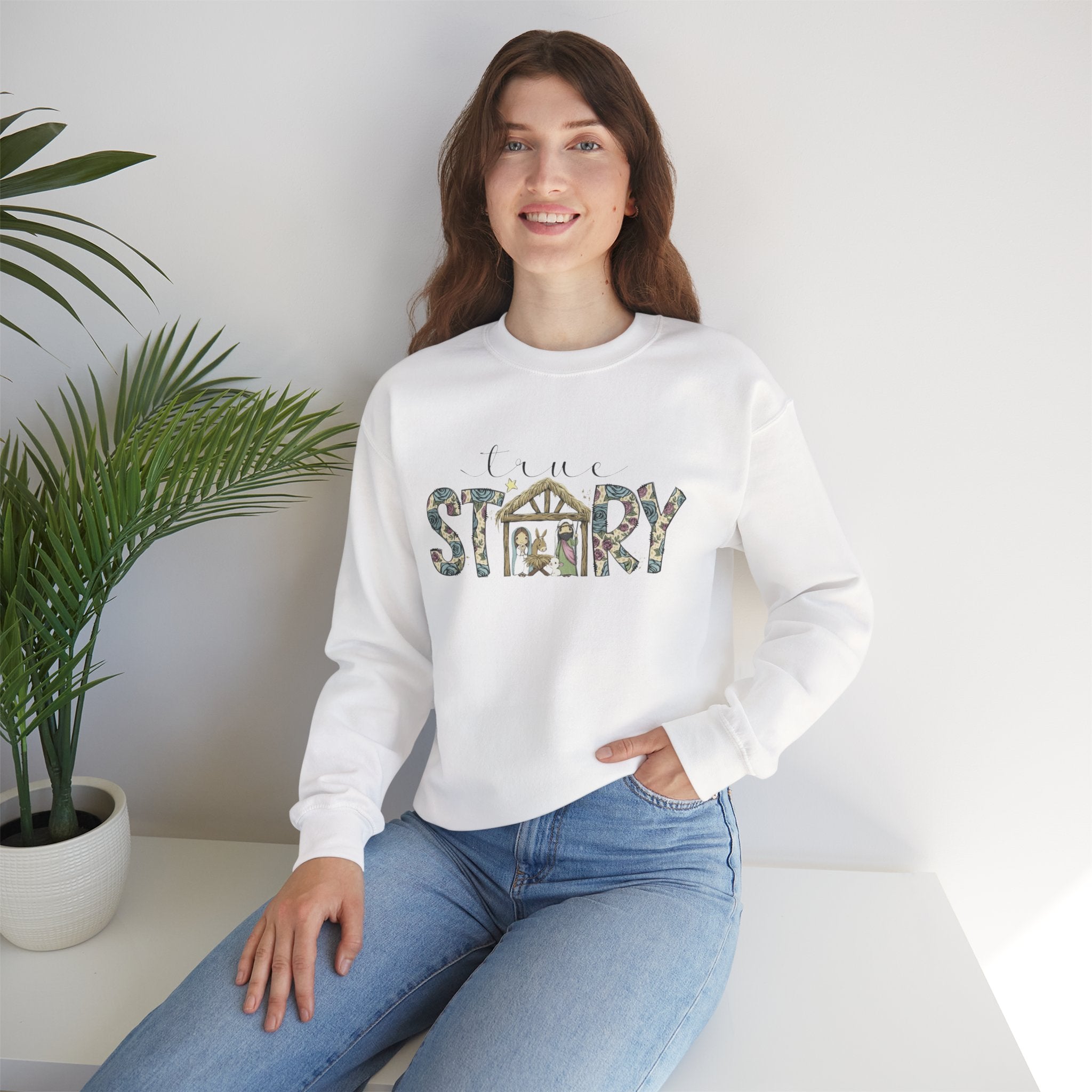Crewneck Sweatshirt "Come Story" Floral Nativity Design  Cozy Christmas Pullover unique festive designs and joyful