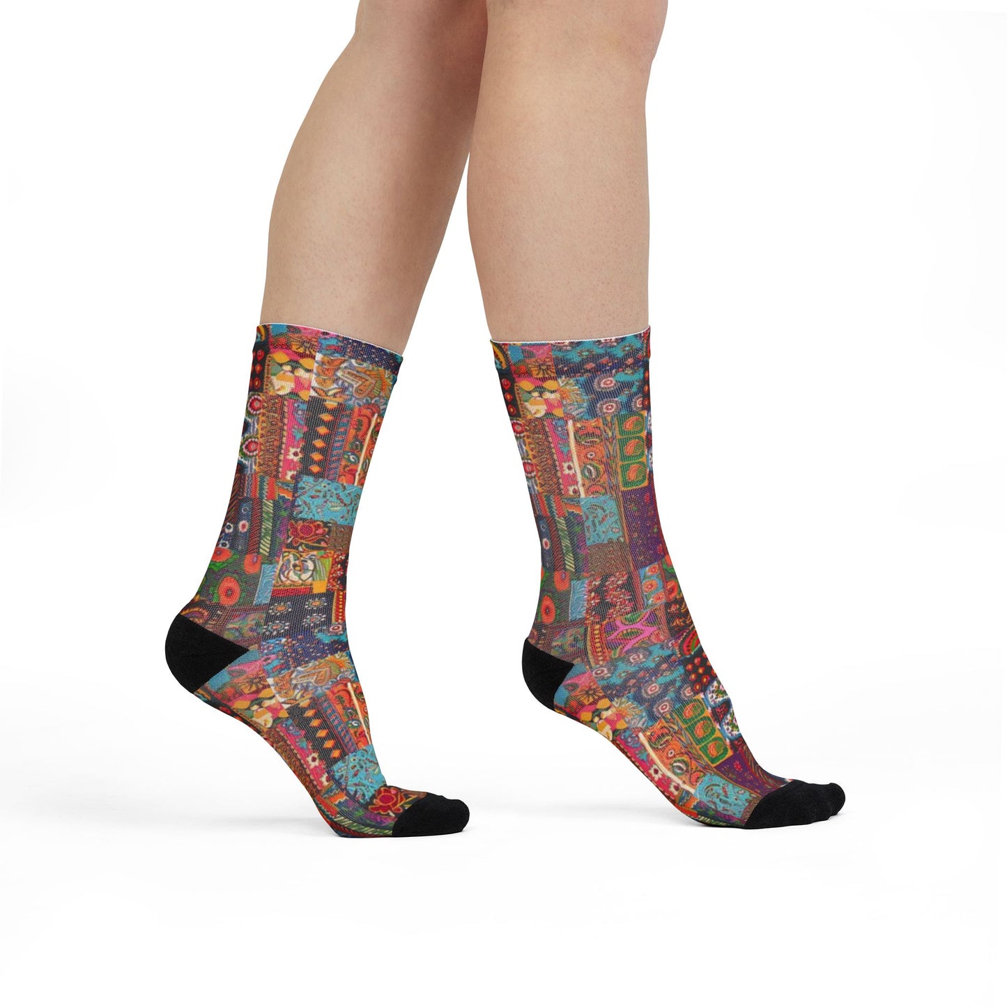Colorful Patchwork Crew Socks Vibrant Boho Sublimation Design
