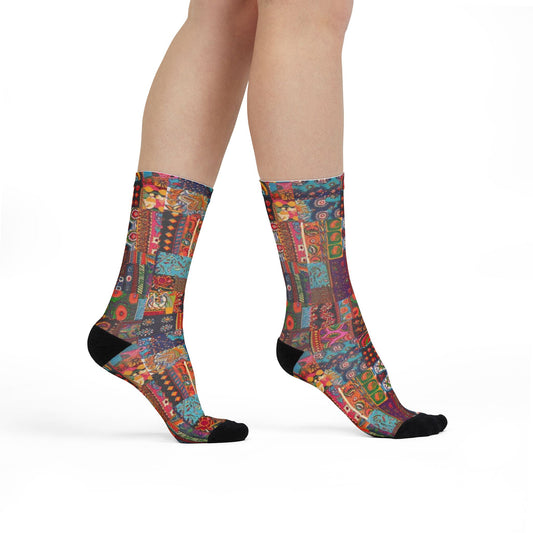Colorful Patchwork Crew Socks Vibrant Boho Sublimation Design