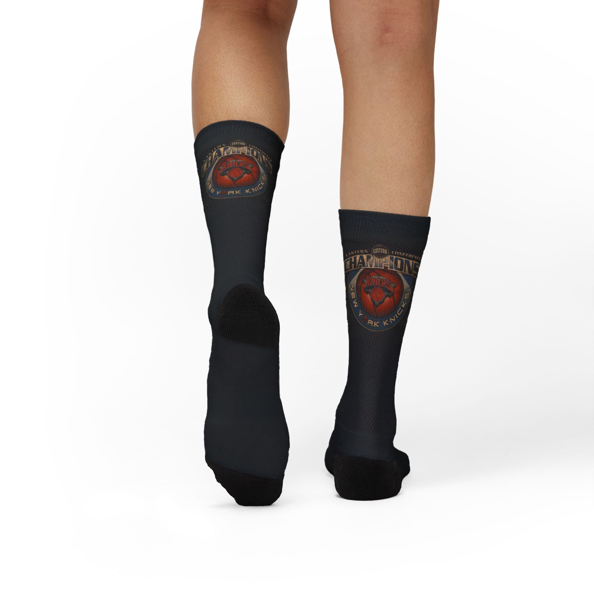 NY*K Basketball Black Sublimation Crew Socks with Vintage Motorcycle Badge Design