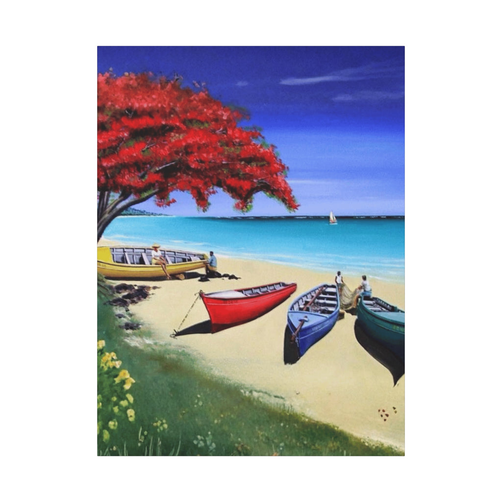 Beach Canoes Canvas Wall Art Tropical Seaside Landscape Matte Stretched Canvas