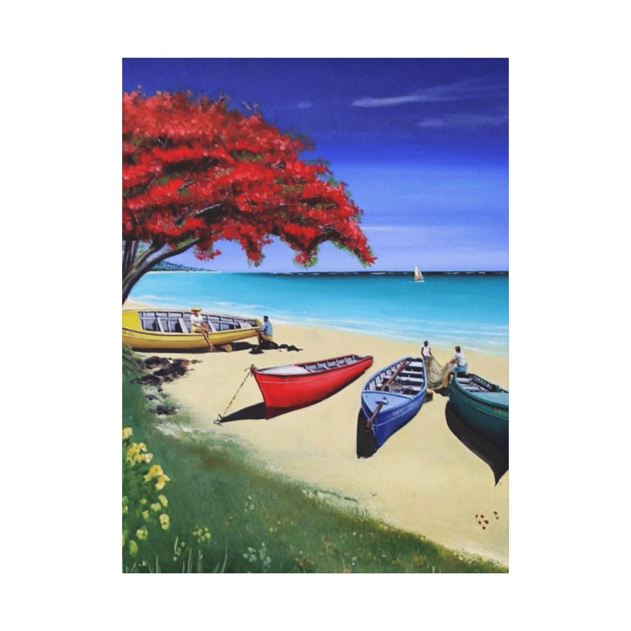 Beach Canoes Canvas Wall Art Tropical Seaside Landscape Matte Stretched Canvas
