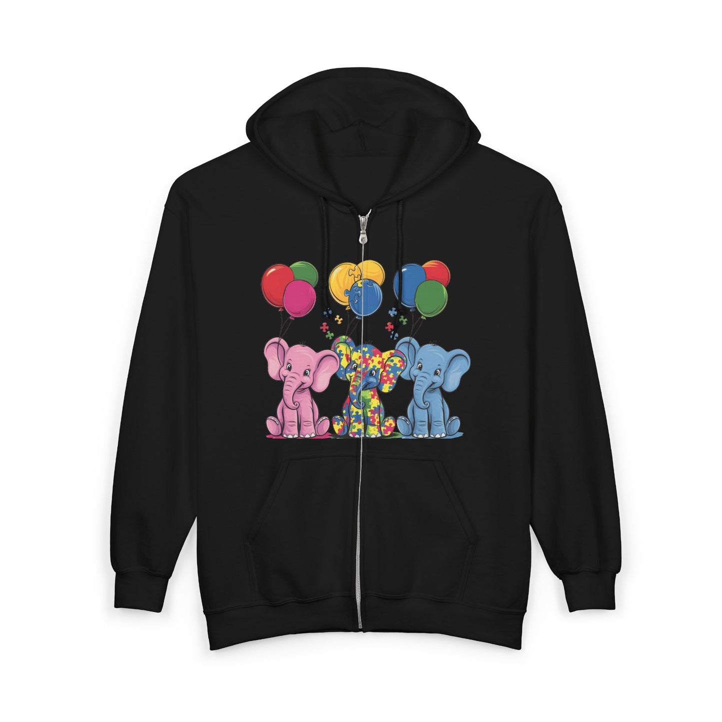 Elephant Balloon Party Hoodie - Fun Unisex Zip Sweatshirt Autism Awareness & Pride Collection.