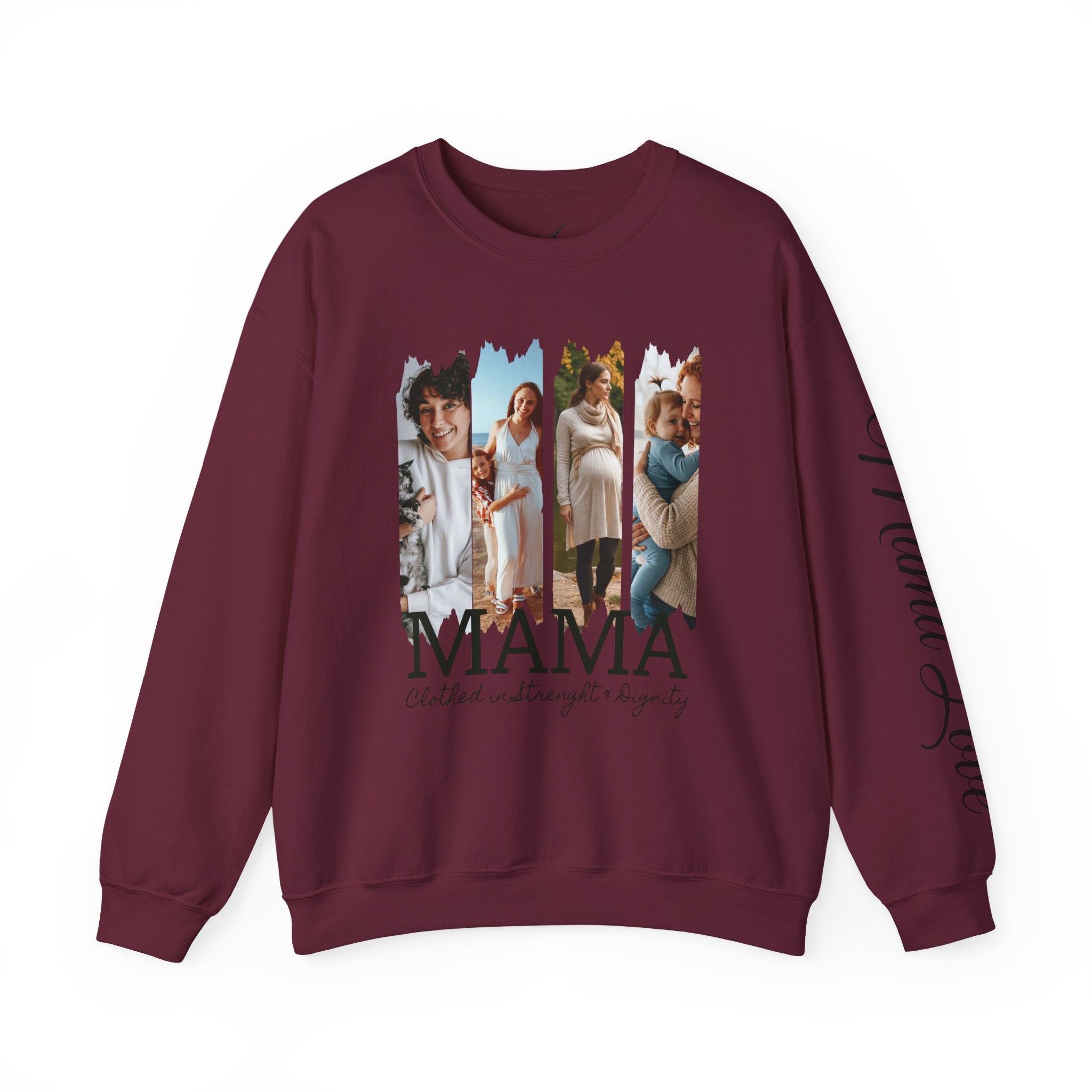 Mama Photo Collage Sweatshirt — "MAMA: clothed in strength & dignity" Sleeve Script