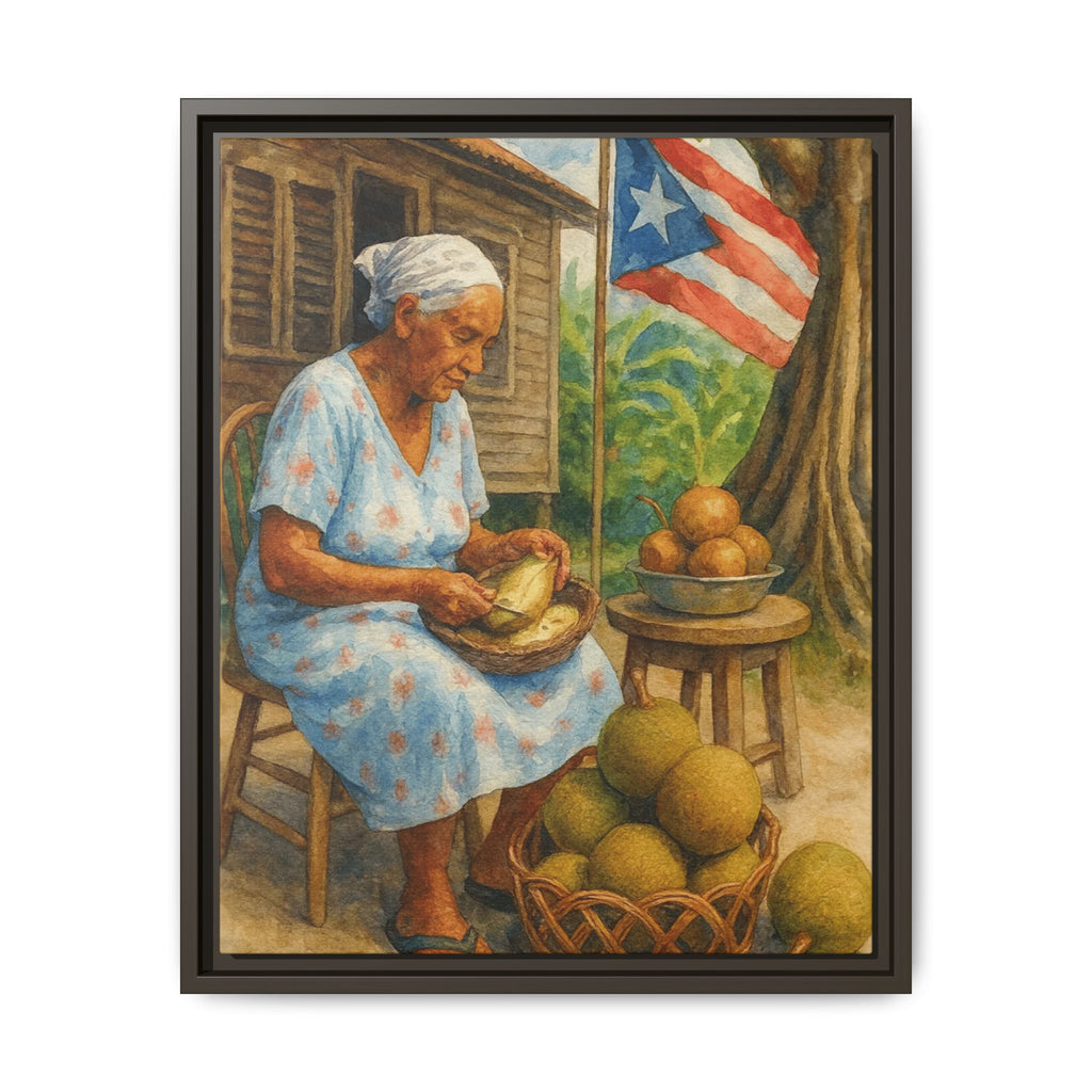 Cultural & Story-Driven These Puerto Rico inspired  Framed Matte Canvas Print  Woman Shelling Fruit Vintage Tropical Painting