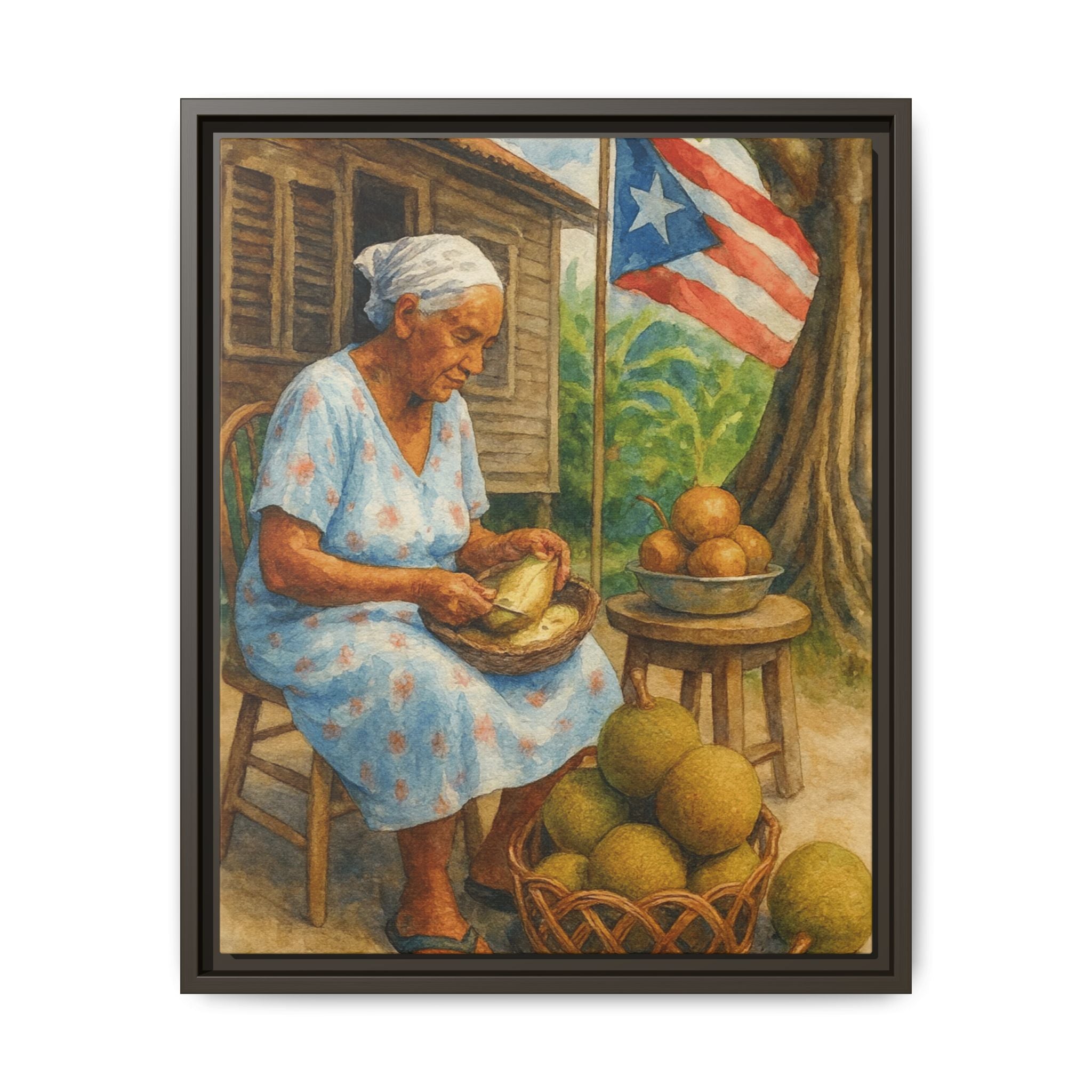 Cultural & Story-Driven These Puerto Rico inspired  Framed Matte Canvas Print  Woman Shelling Fruit Vintage Tropical Painting