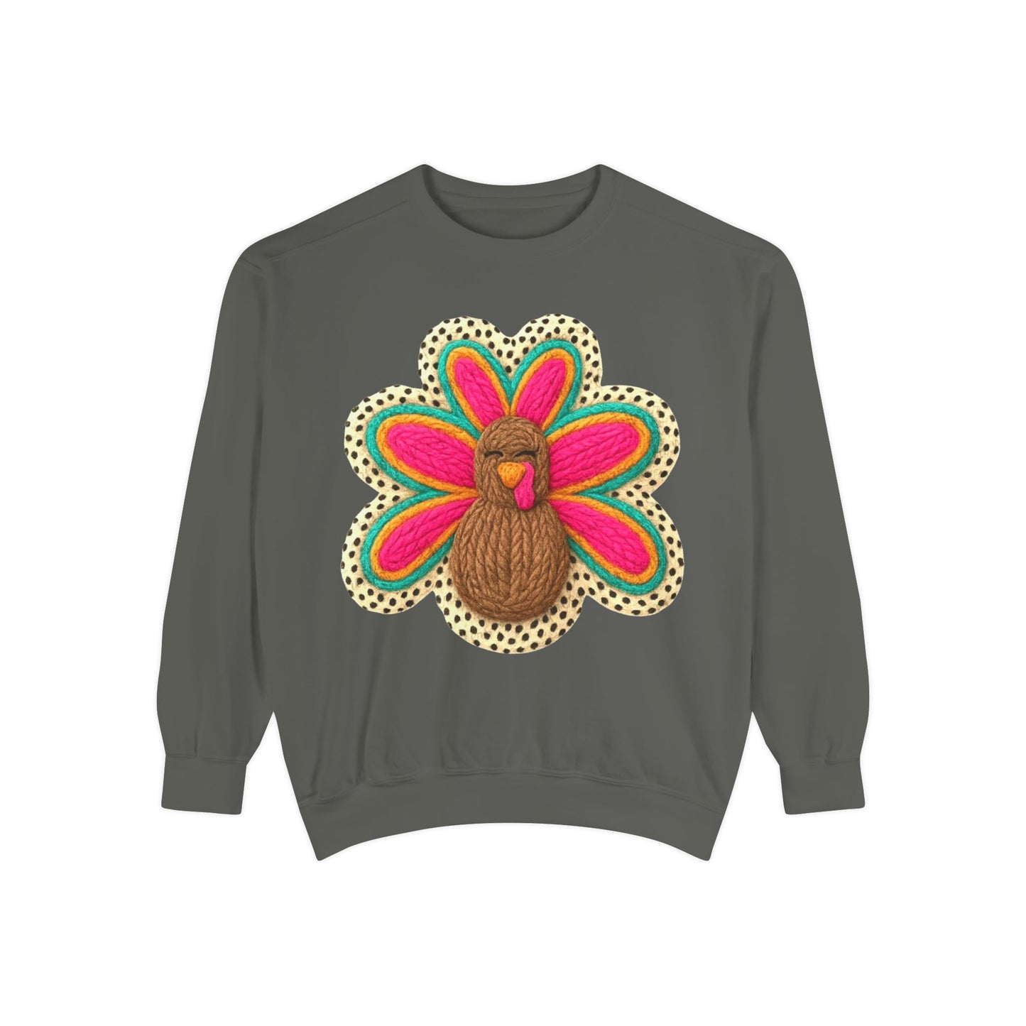 Festive Holiday Designs Turkey Patch Sweatshirt — Colorful Embroidered Thanksgiving Pullover
