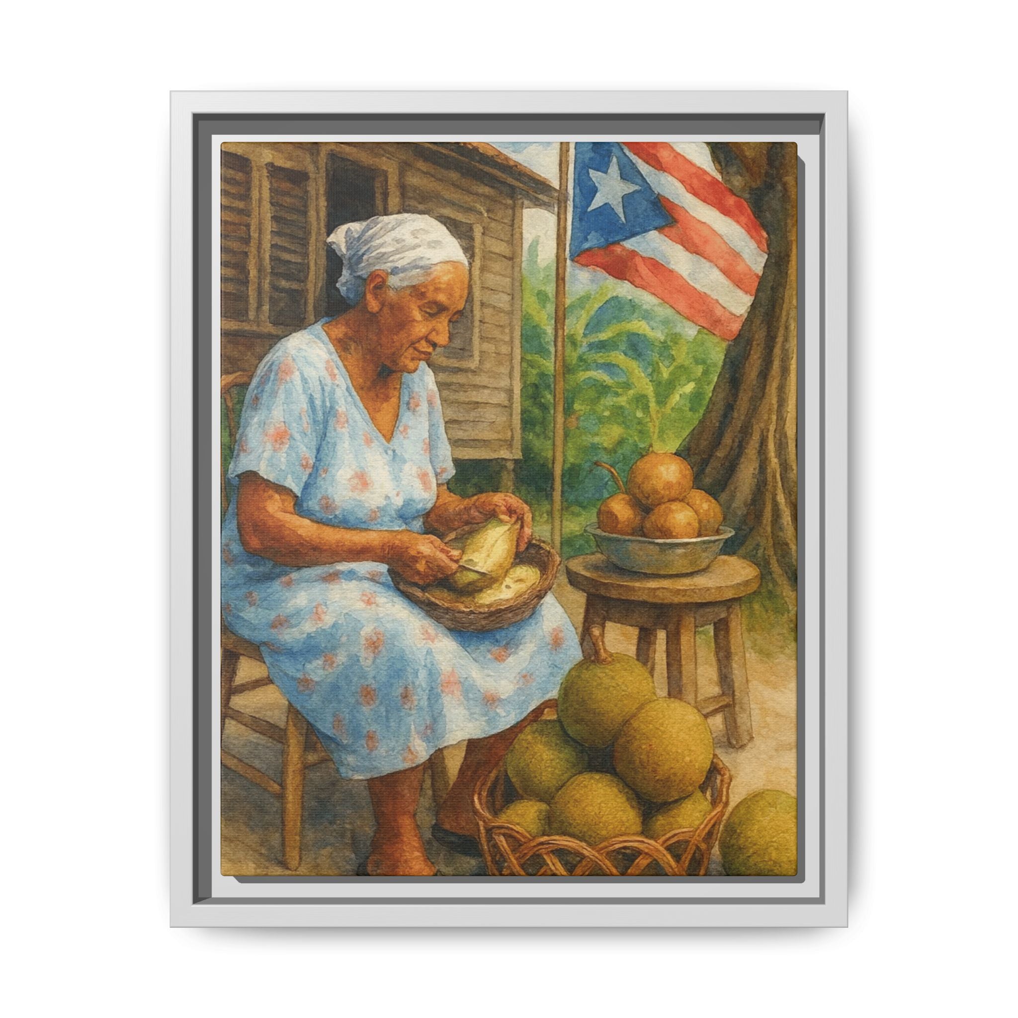 Cultural & Story-Driven These Puerto Rico inspired  Framed Matte Canvas Print  Woman Shelling Fruit Vintage Tropical Painting